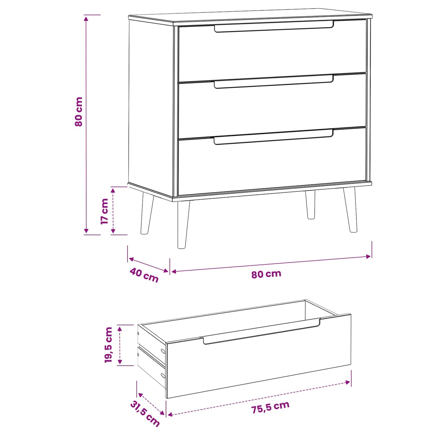 Chest of Drawers MOLDE Caramel 80 x 40 x 80 cm Solid Pine Wood