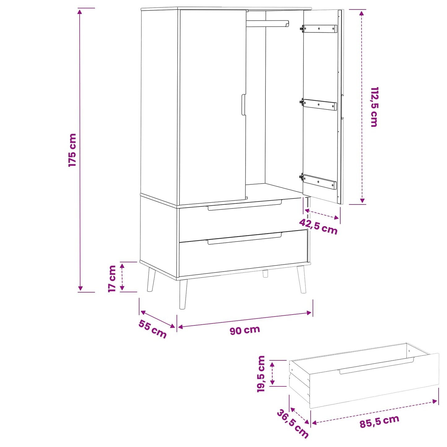 Wardrobe MOLDE Caramel 90 x 55 x 175 cm Solid Pine Wood