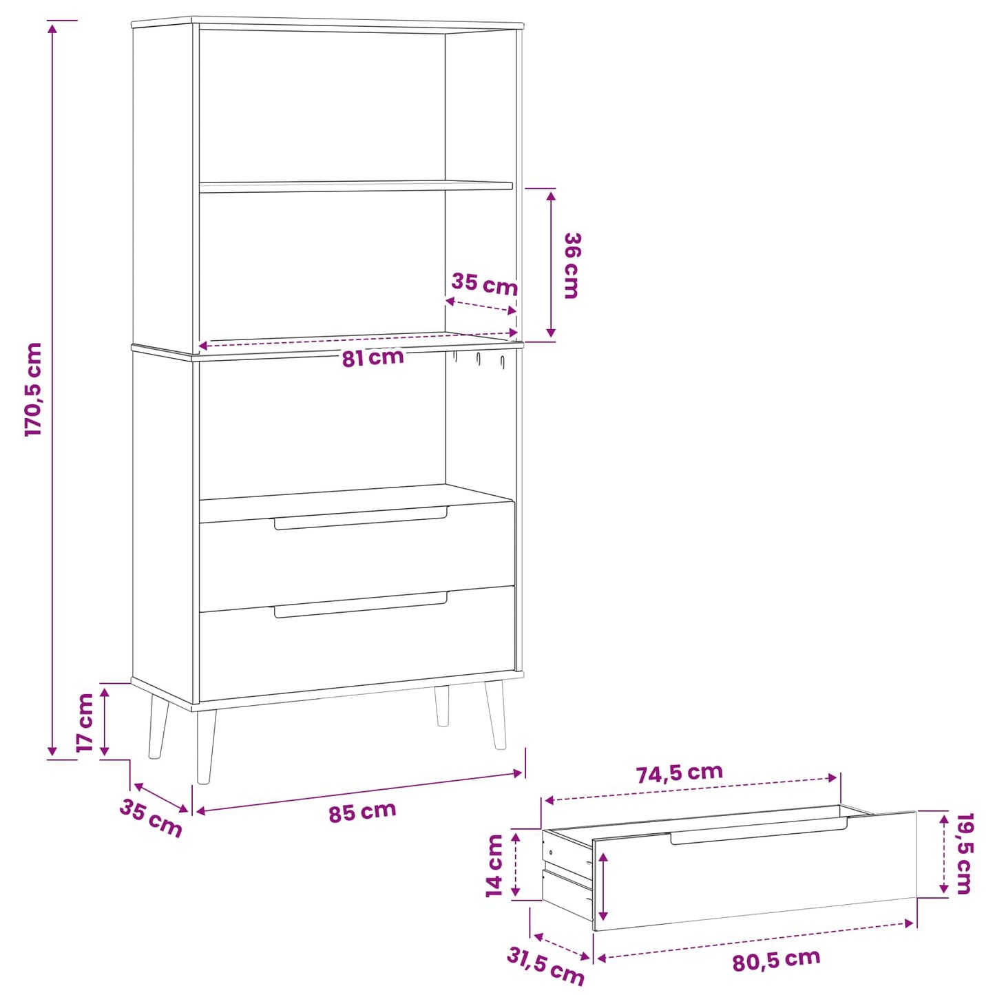 Bookcase MOLDE 85 x 35 x 170.5 cm Solid Pine Wood Caramel
