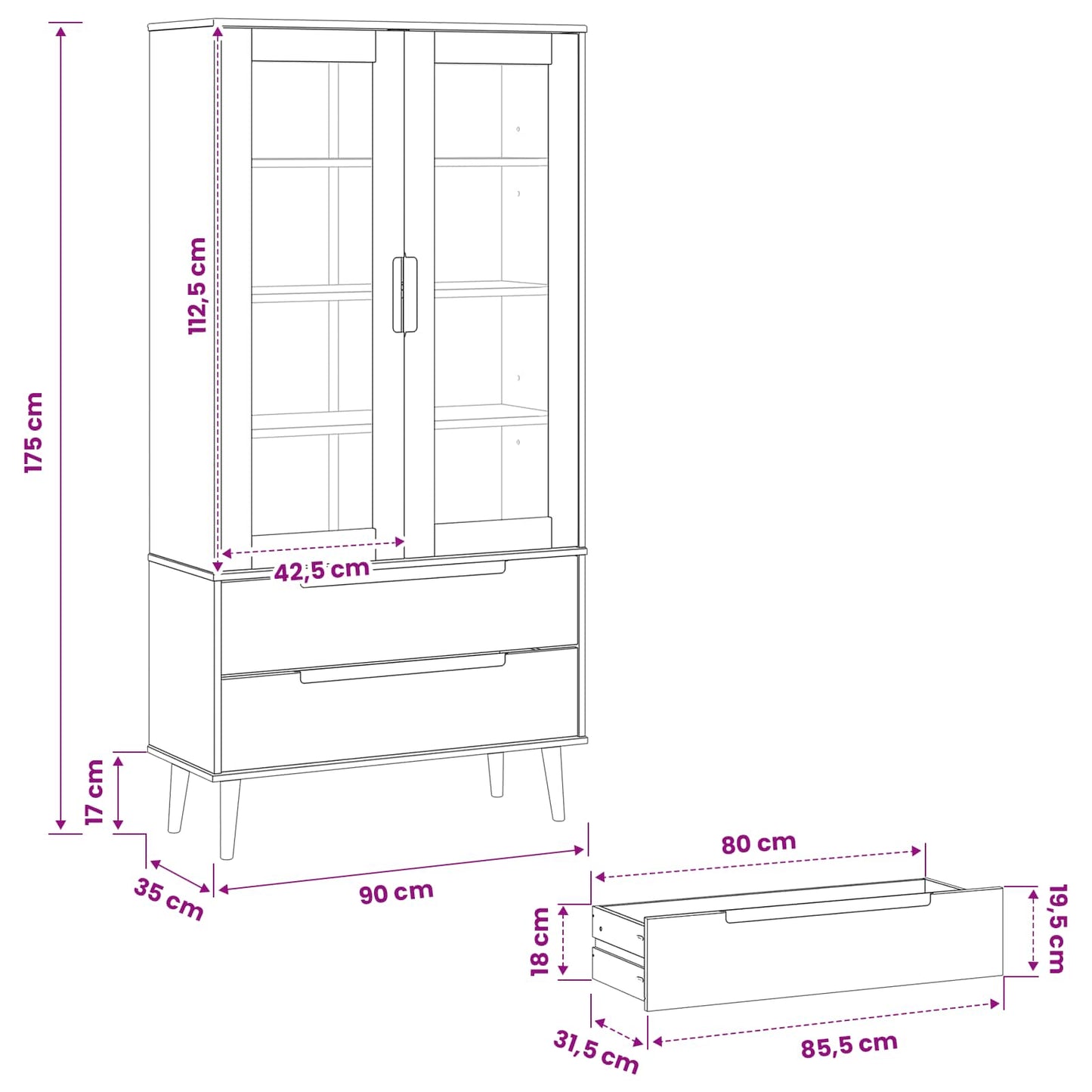 Glass Display Cabinet MOLDE 90 x 35 x 175 cm Solid Pine Wood