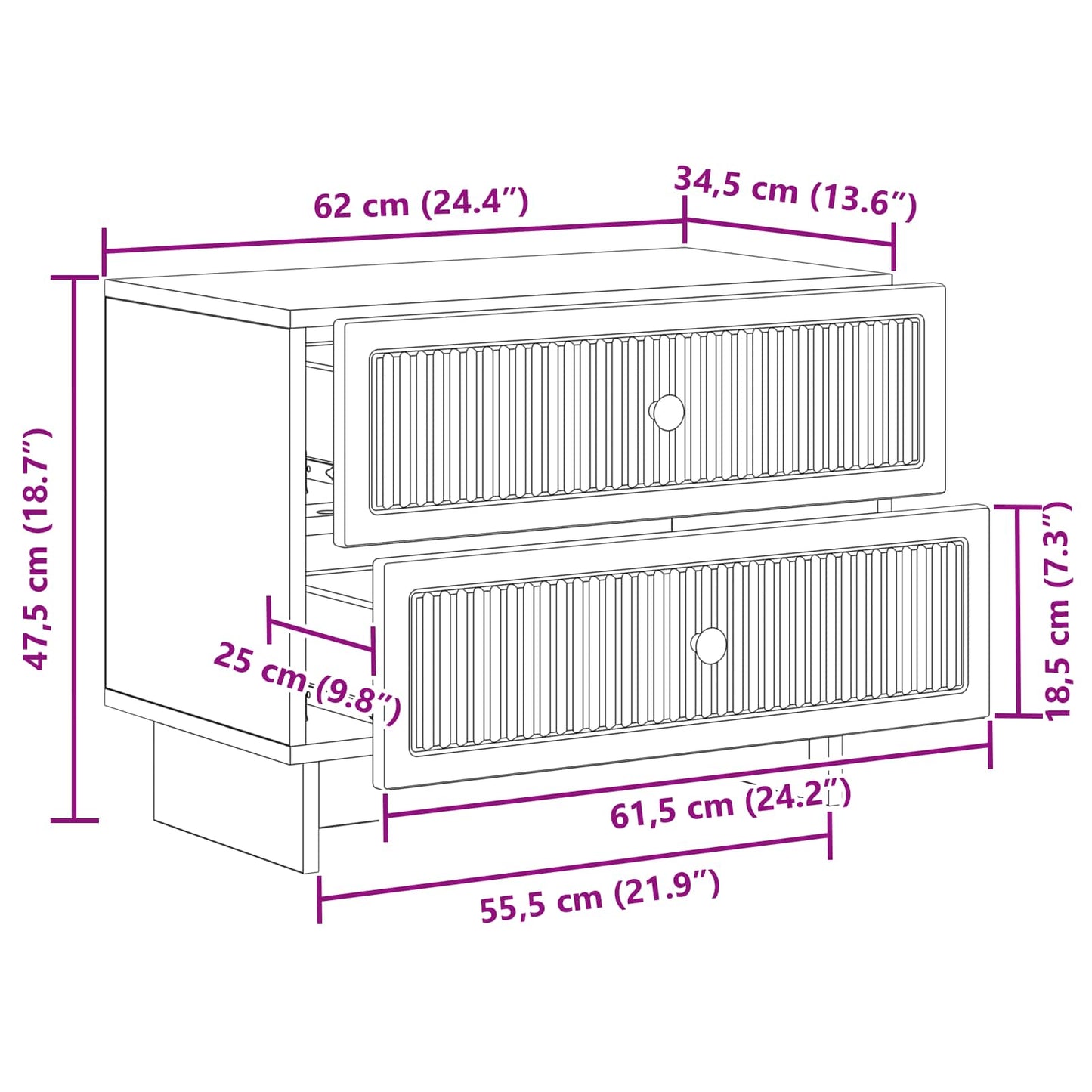 Bedside Cabinet Black 62 x 34.5 x 47.5 cm Engineered Wood