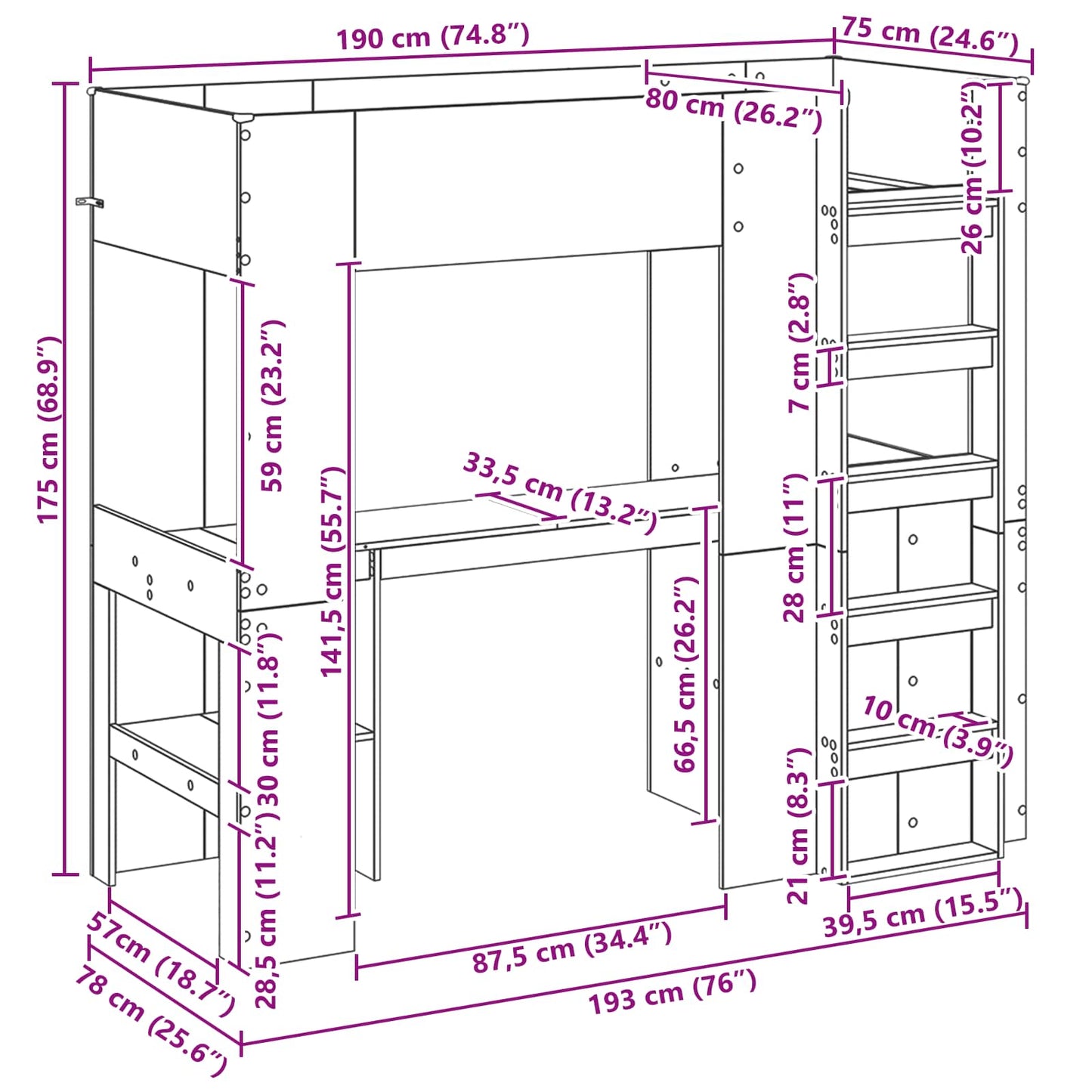 Loft Bed Frame with Desk with Shelf Artisan Oak 75 x 190 cm