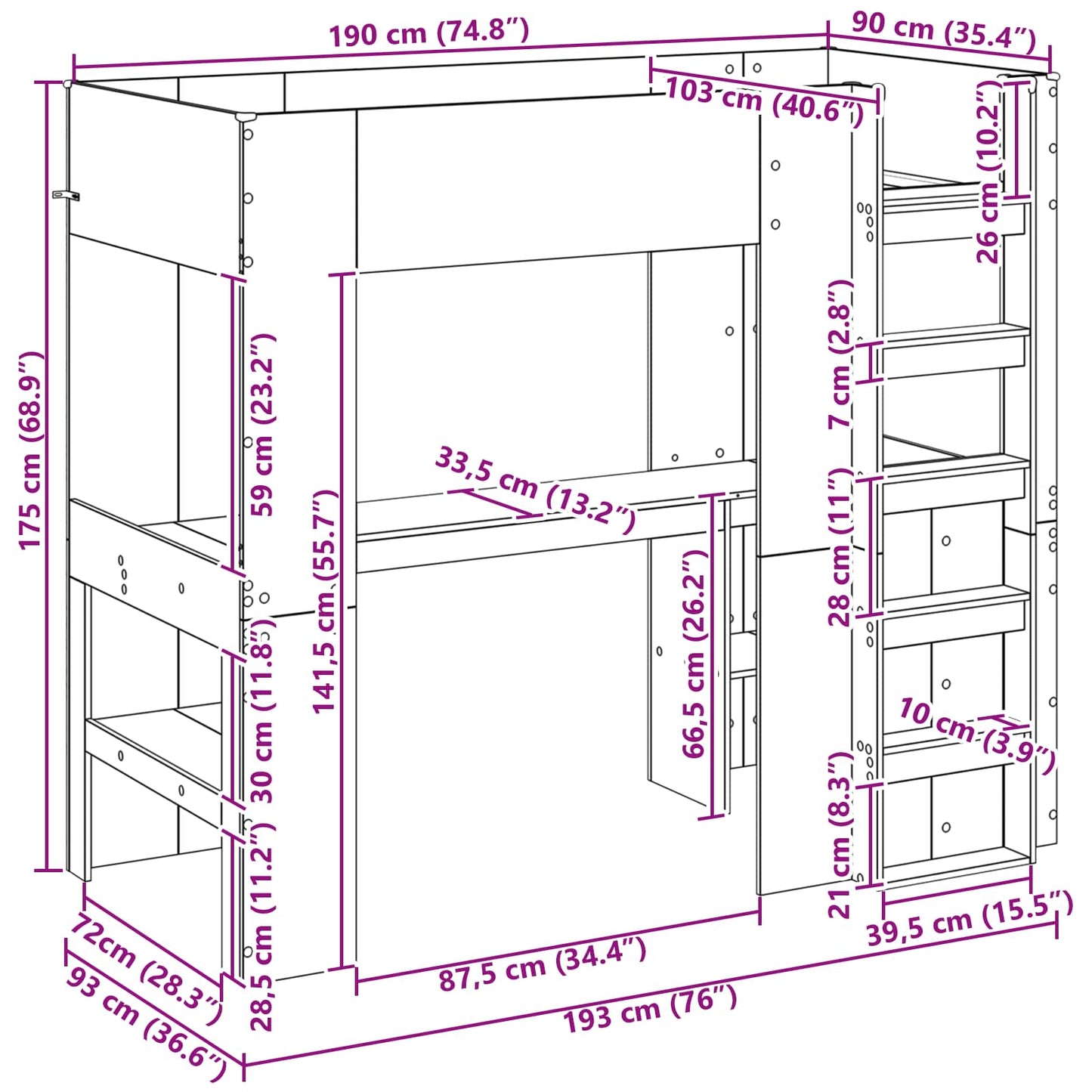 Loft Bed Frame with Desk with Shelf Artisan Oak 90 x 190 cm