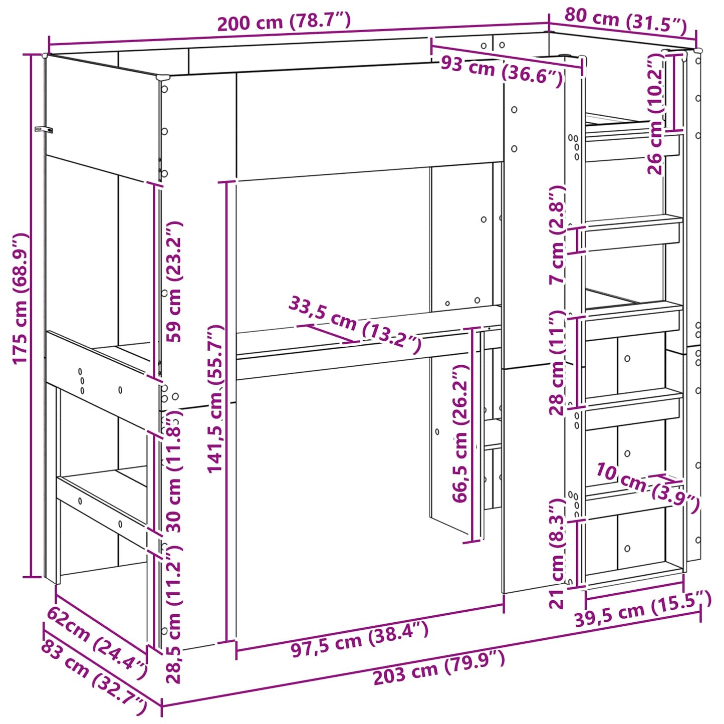 Loft Bed Frame with Desk with Shelf Artisan Oak 80 x 200 cm