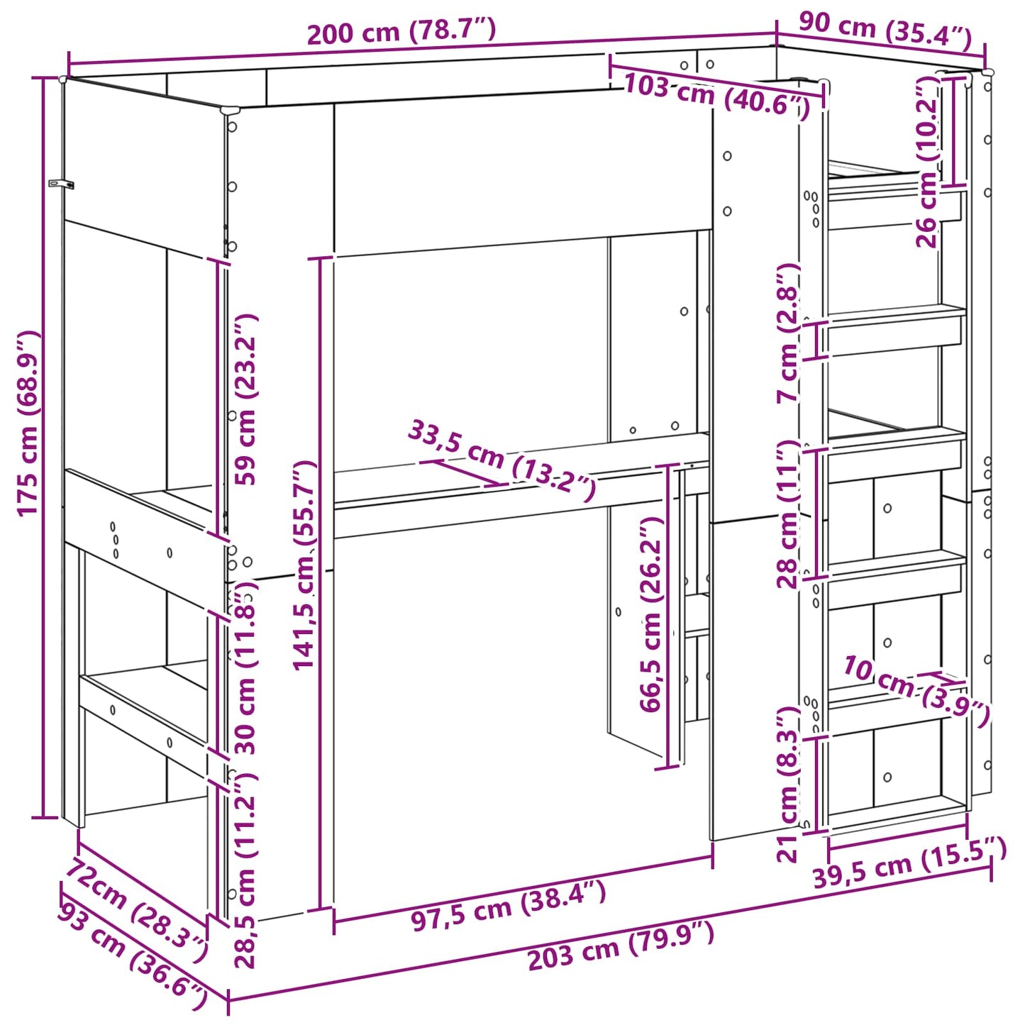 Loft Bed Frame with Desk Sonoma Oak 90 x 200 cm Engineered Wood