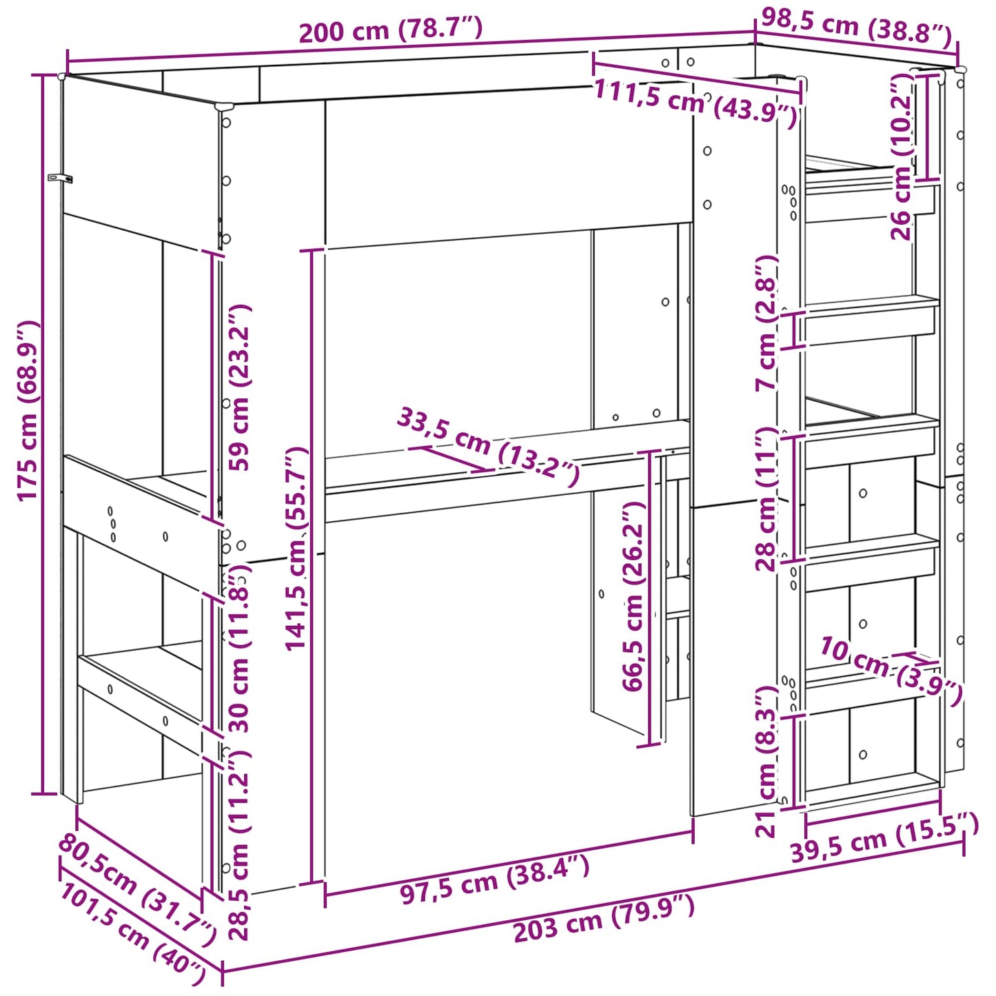 Loft Bed Frame with Desk Black Oak 100 x 200 cm Engineered Wood