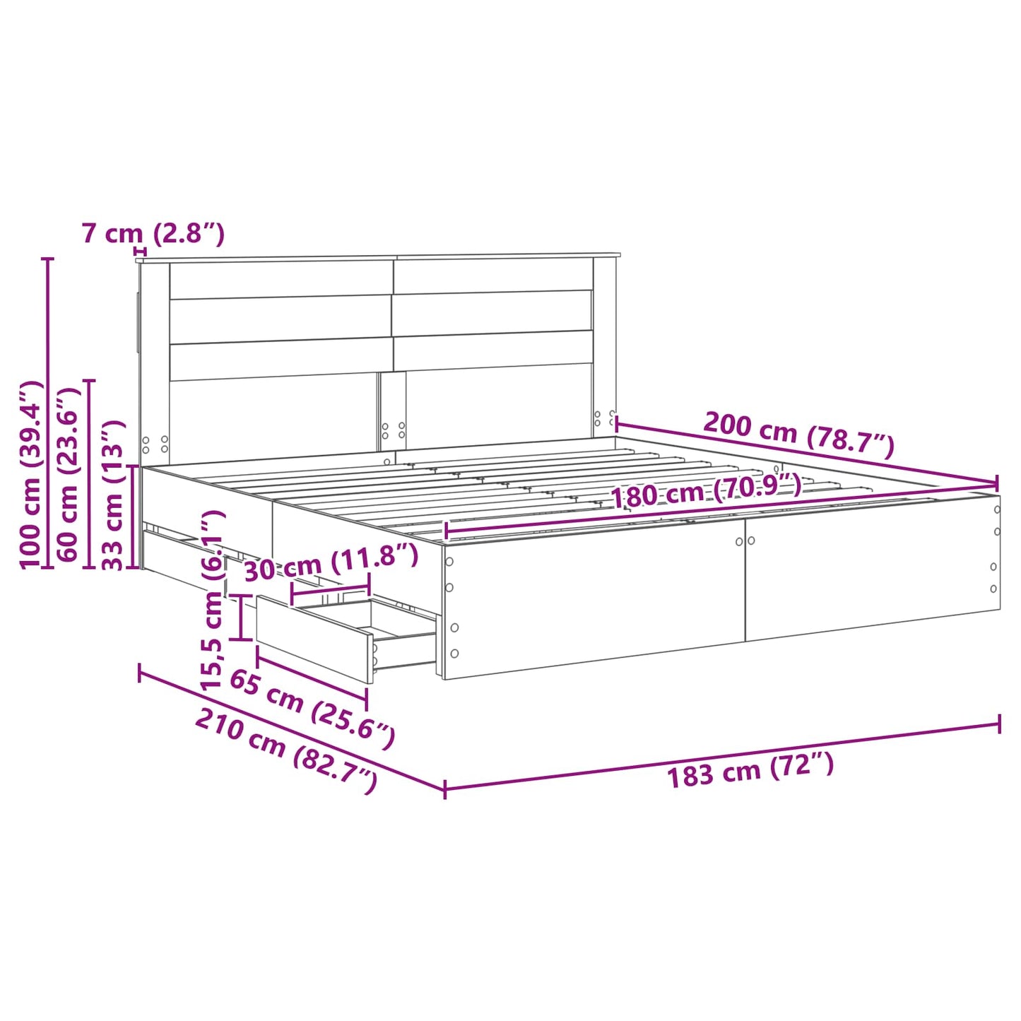 Bed Frame with Drawer Grey Sonoma 180 x 200 cm Engineer Wood