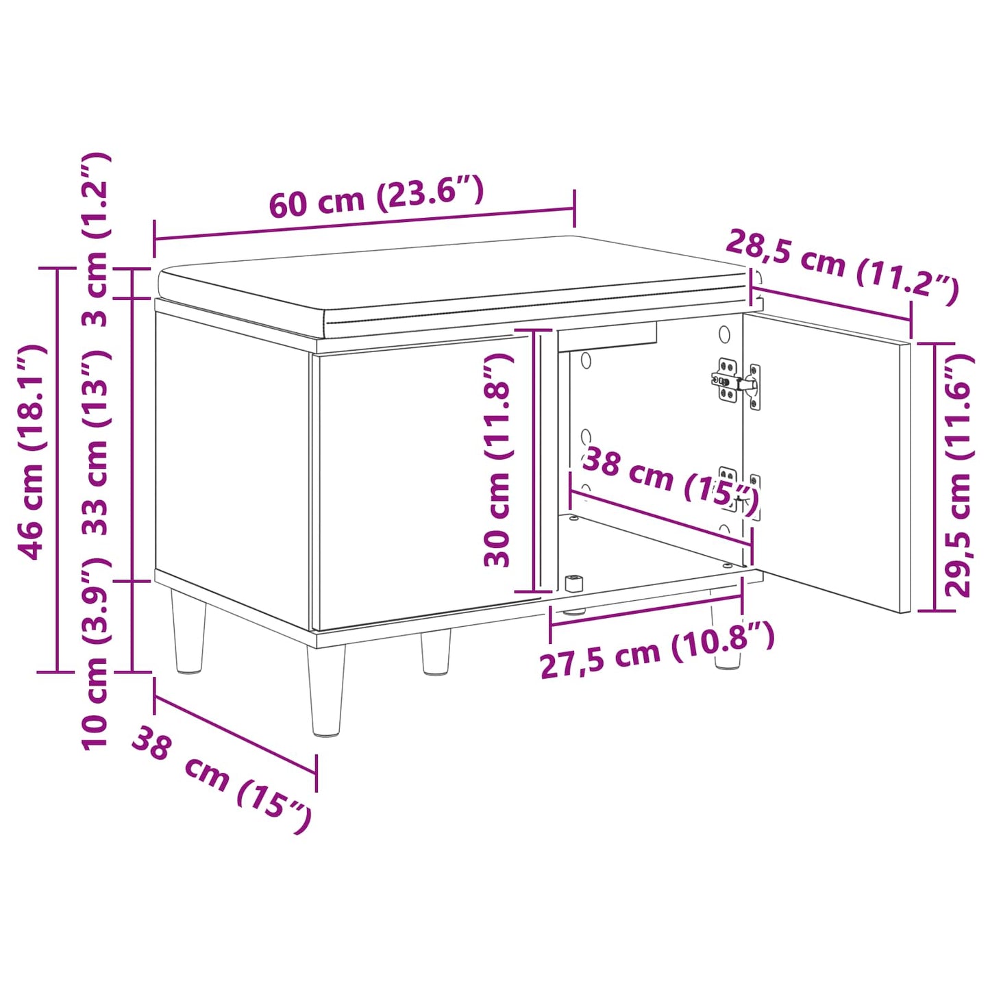 Hall Bench White 60 x 38 x 46 cm Engineered Wood and Fabric