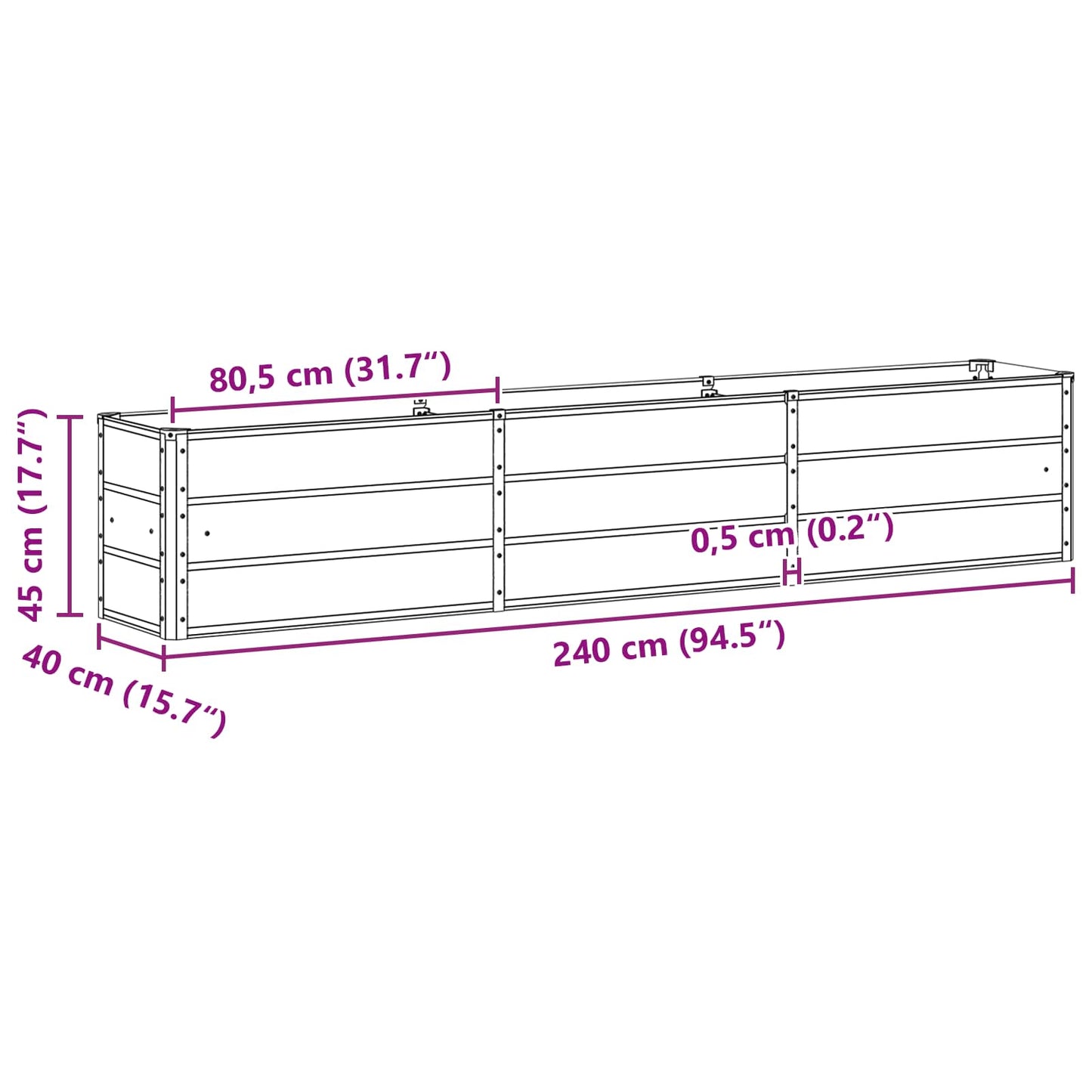 Planter Light Grey 240 x 40 x 45 cm Steel