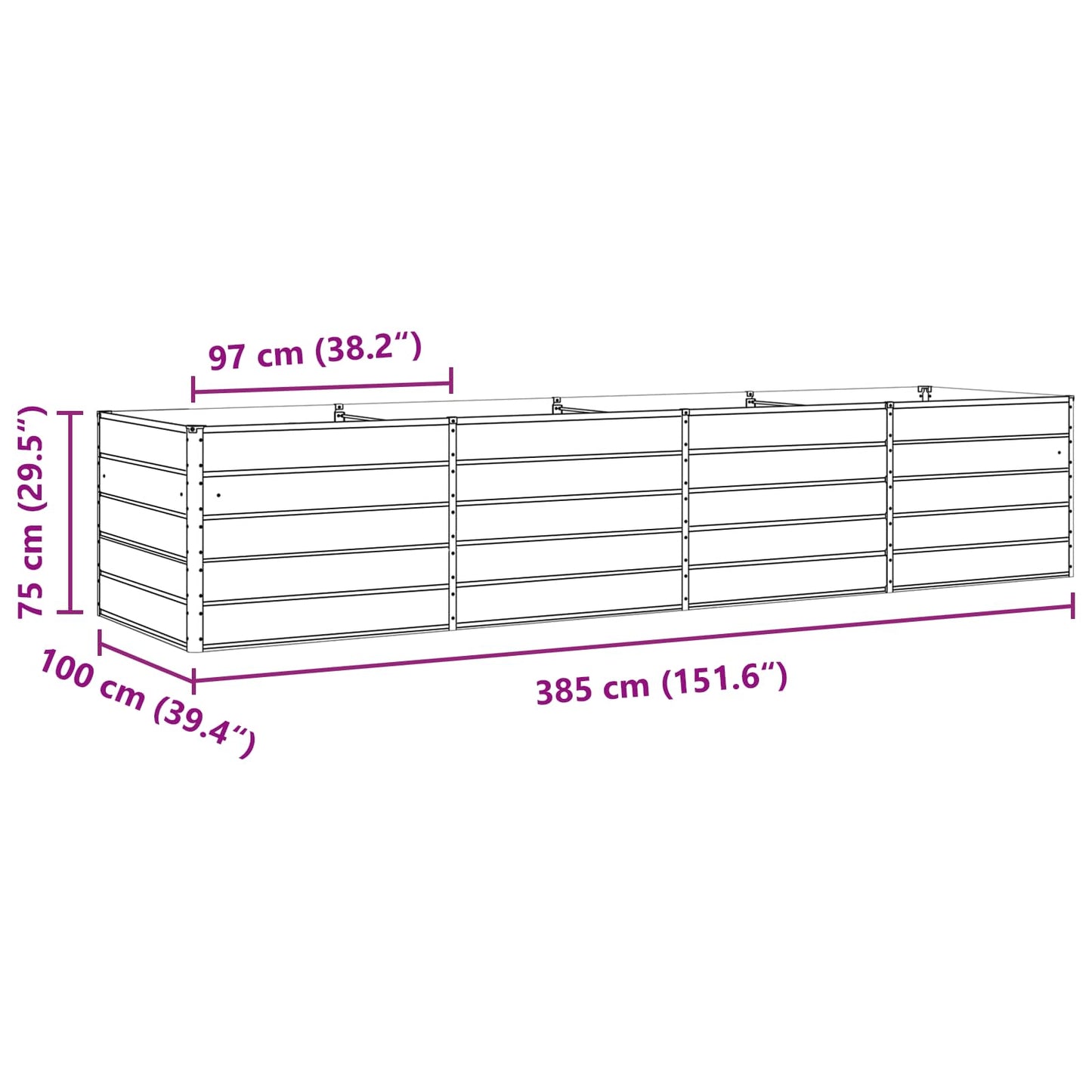Planter Light Grey 385 x 100 x 75 cm Galvanised Steel