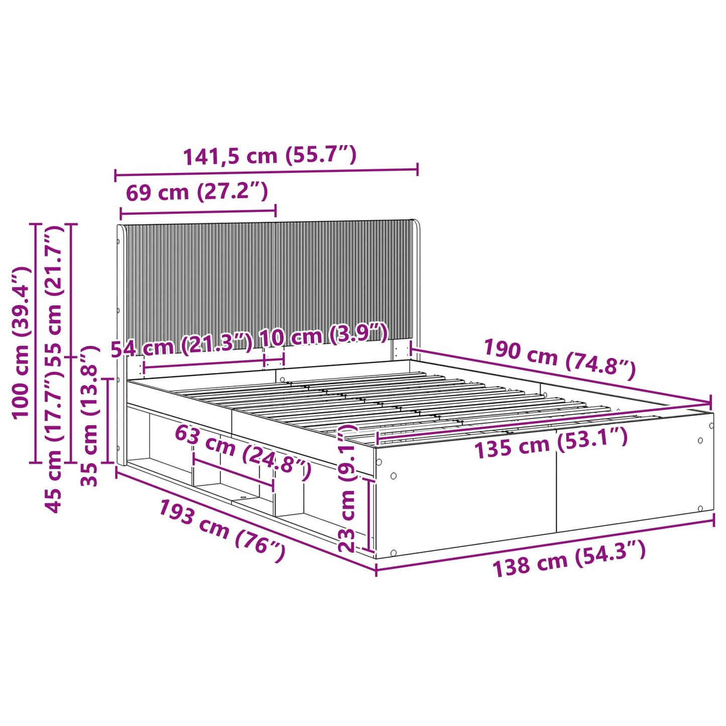 Bed Frame with Storage and Headboard Old Wood 135 x 190 cm