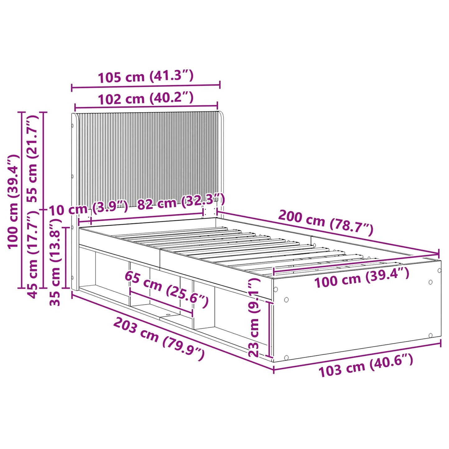 Bed Frame with Storage and Headboard Black 100 x 200 cm