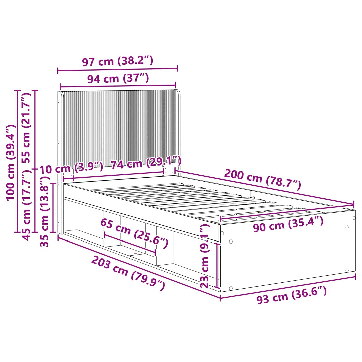 Bed Frame with Storage and Headboard Sonoma Oak 90 x 200 cm