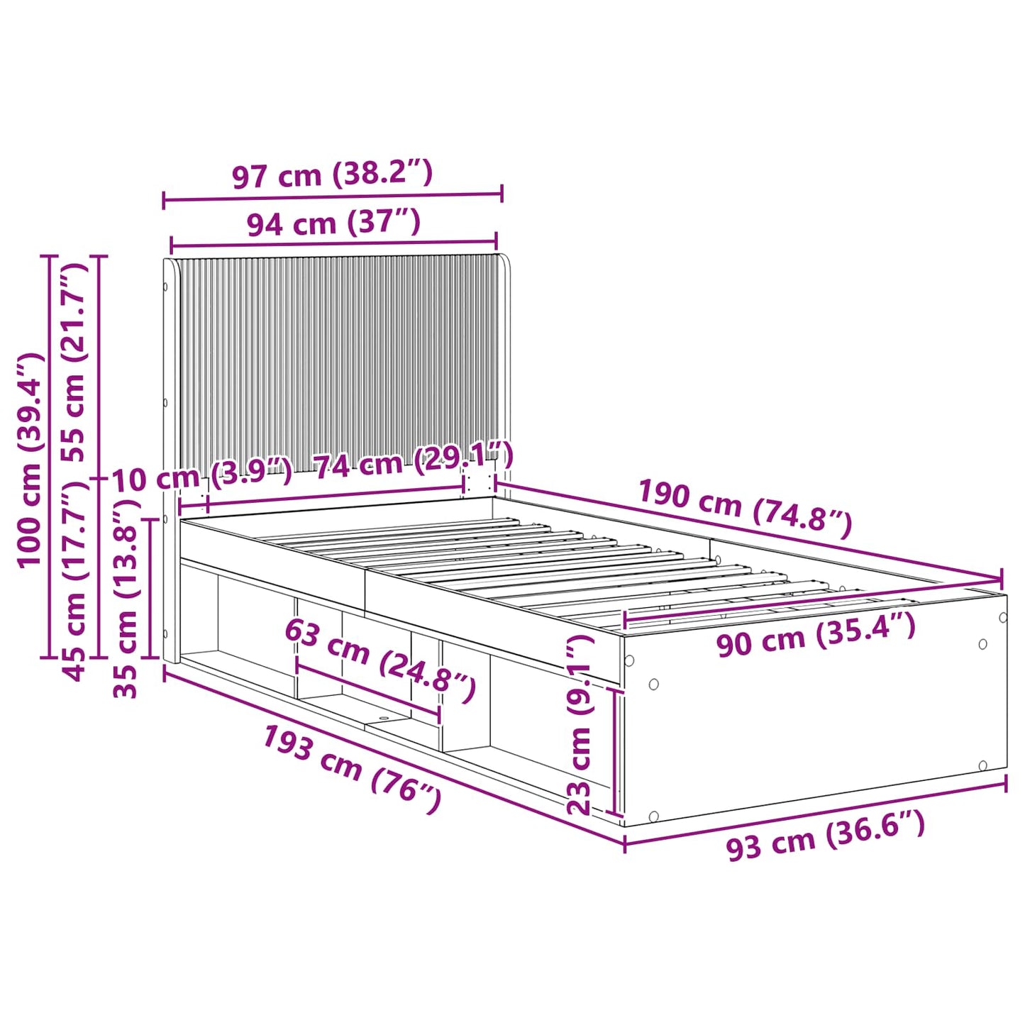 Bed Frame with Storage and Headboard Artisan Oak 90 x 190 cm