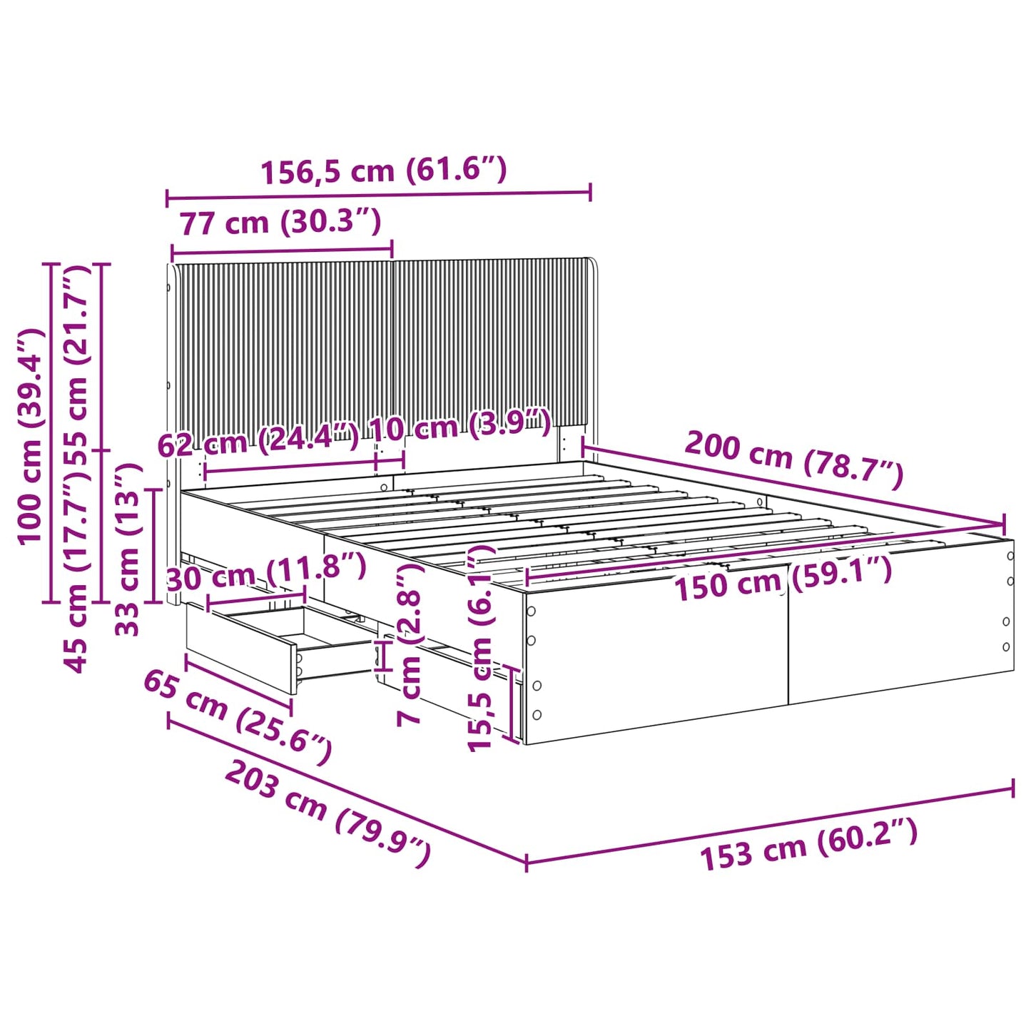 Bed Frame with Storage and Headboard Smoked Oak 150 x 200 cm