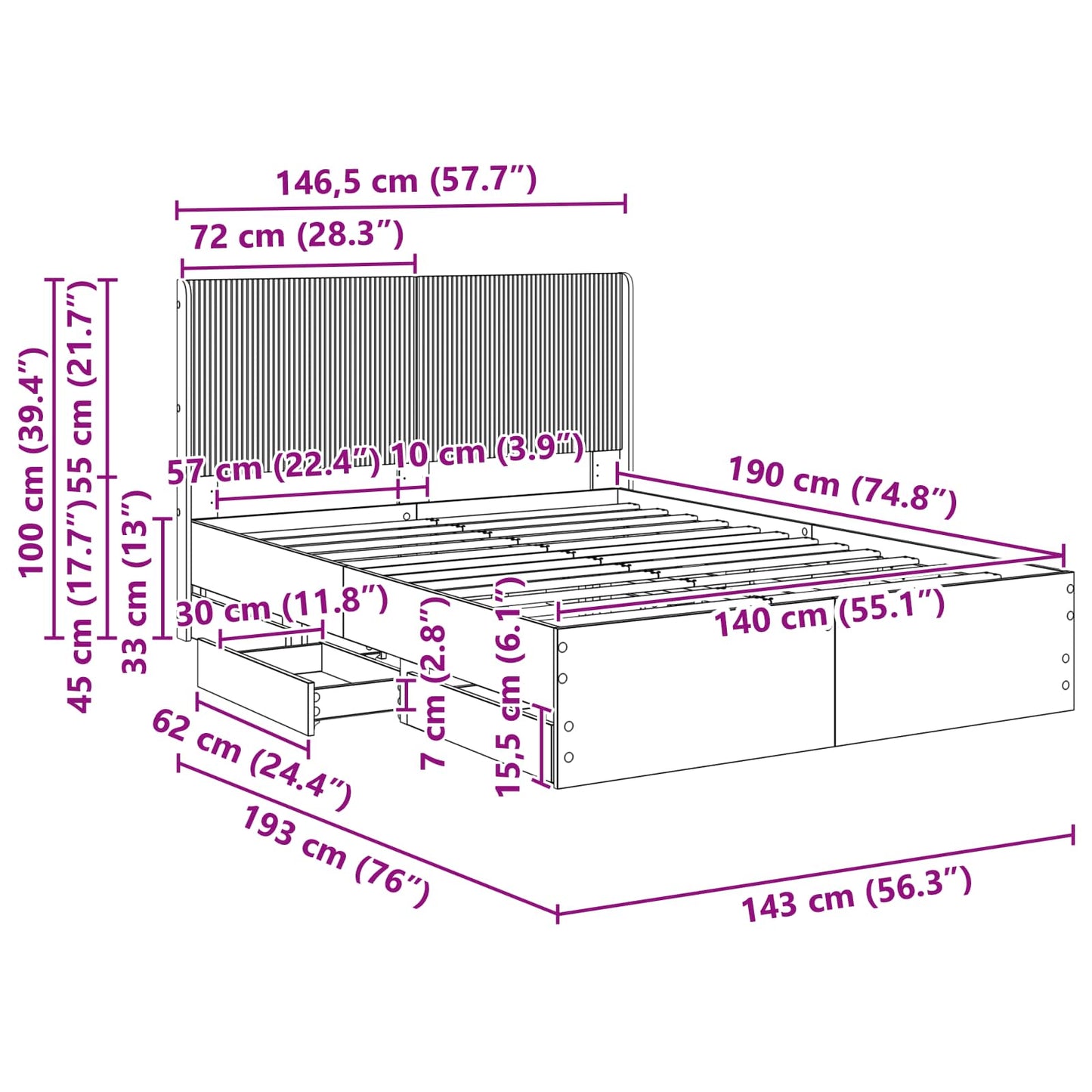 Bed Frame with Storage and Headboard Concrete Grey 140 x 190 cm