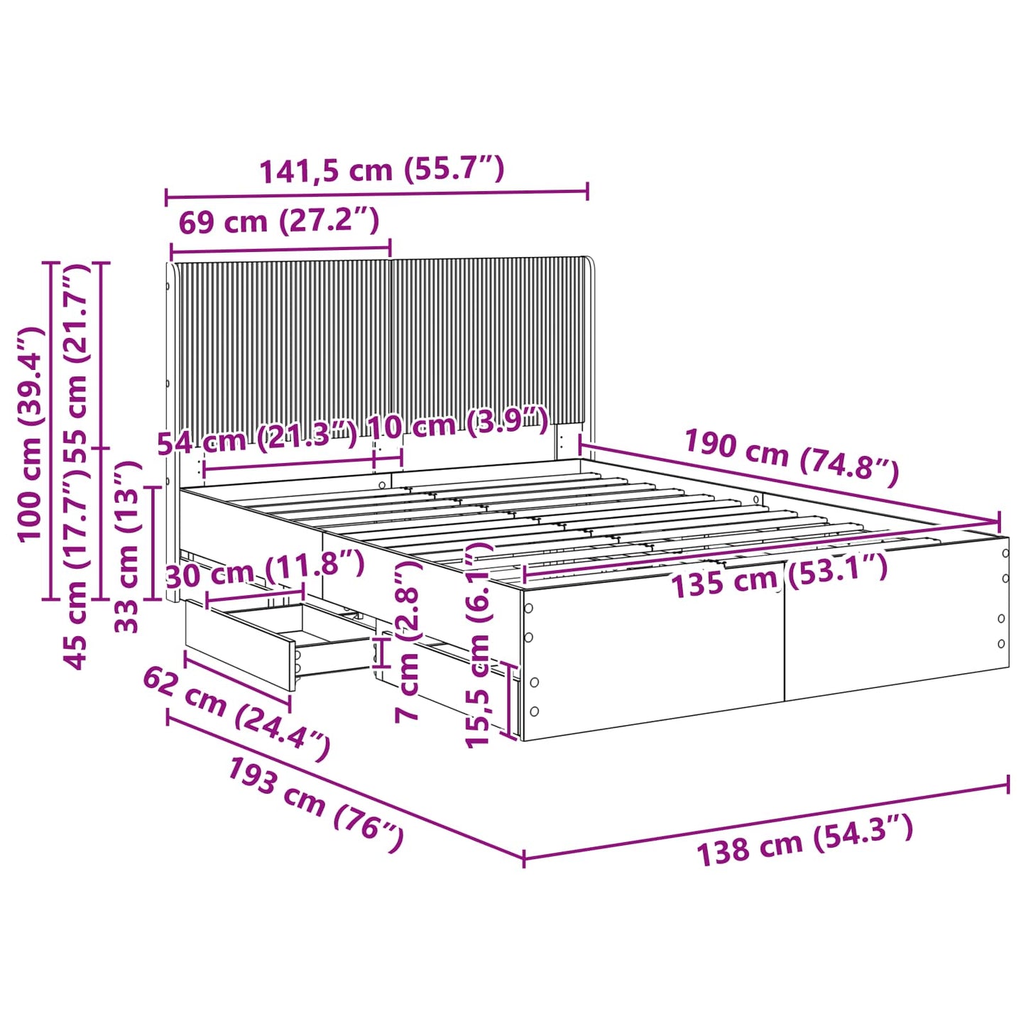 Bed Frame with Storage and Headboard Concrete Grey 135 x 190 cm