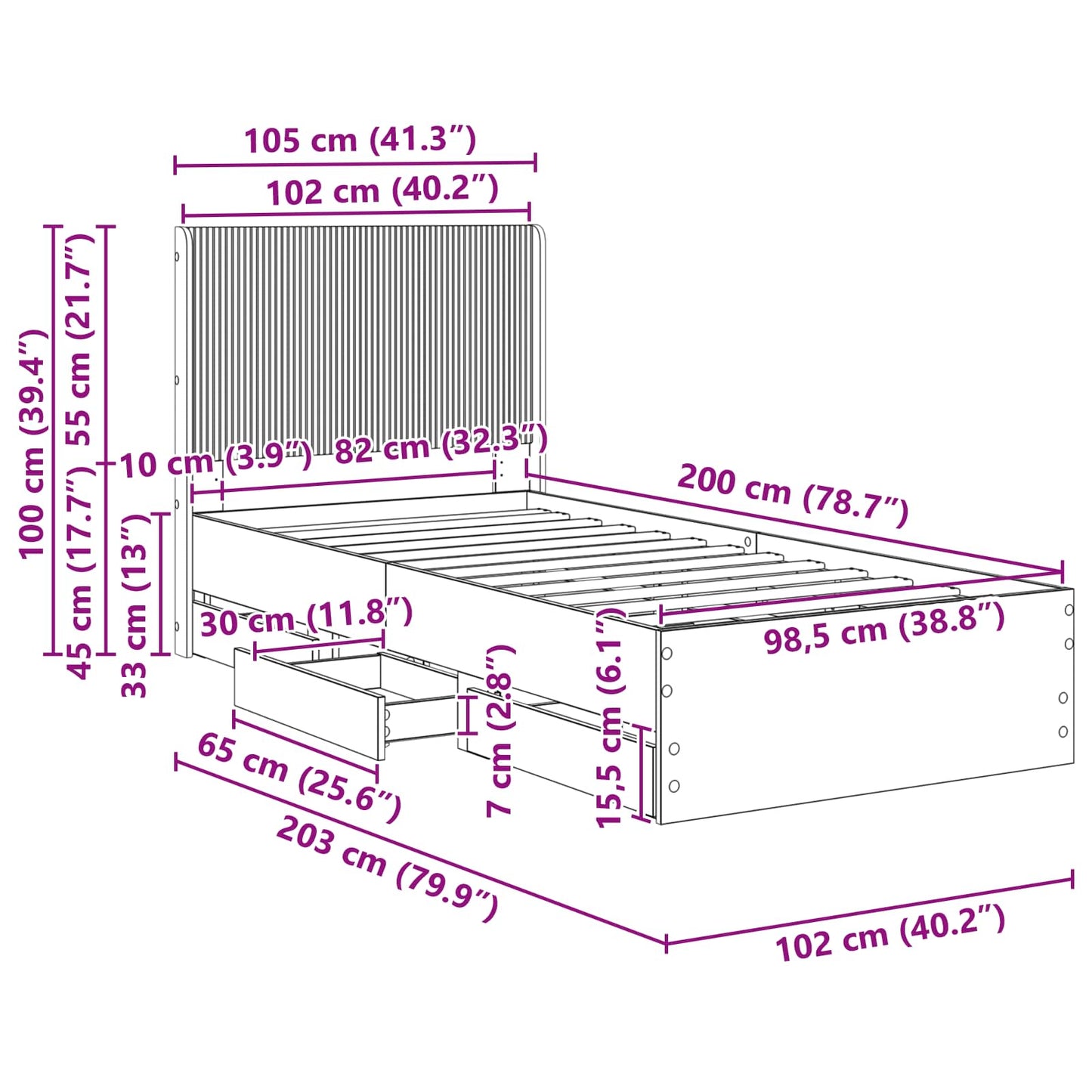 Bed Frame with Storage and Headboard Smoked Oak 100 x 200 cm