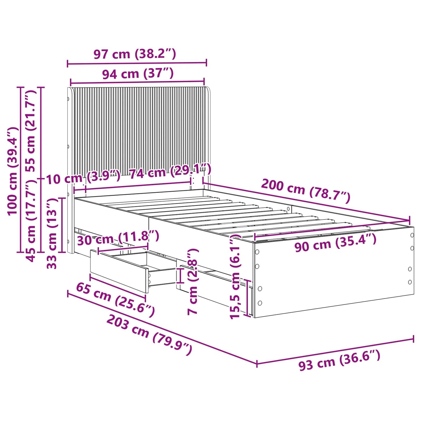 Bed Frame with Storage and Headboard Grey Sonoma 90 x 200 cm