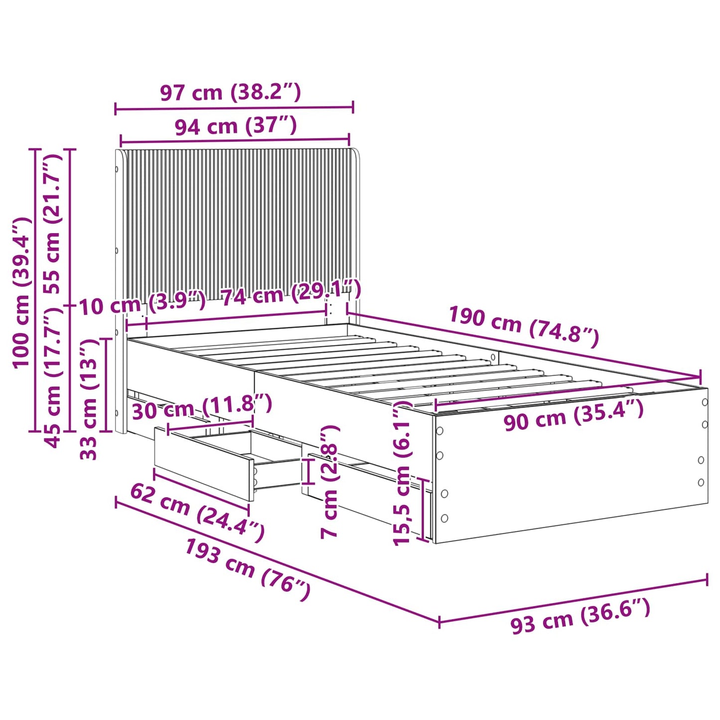 Bed Frame with Storage and Headboard Concrete Grey 90 x 190 cm