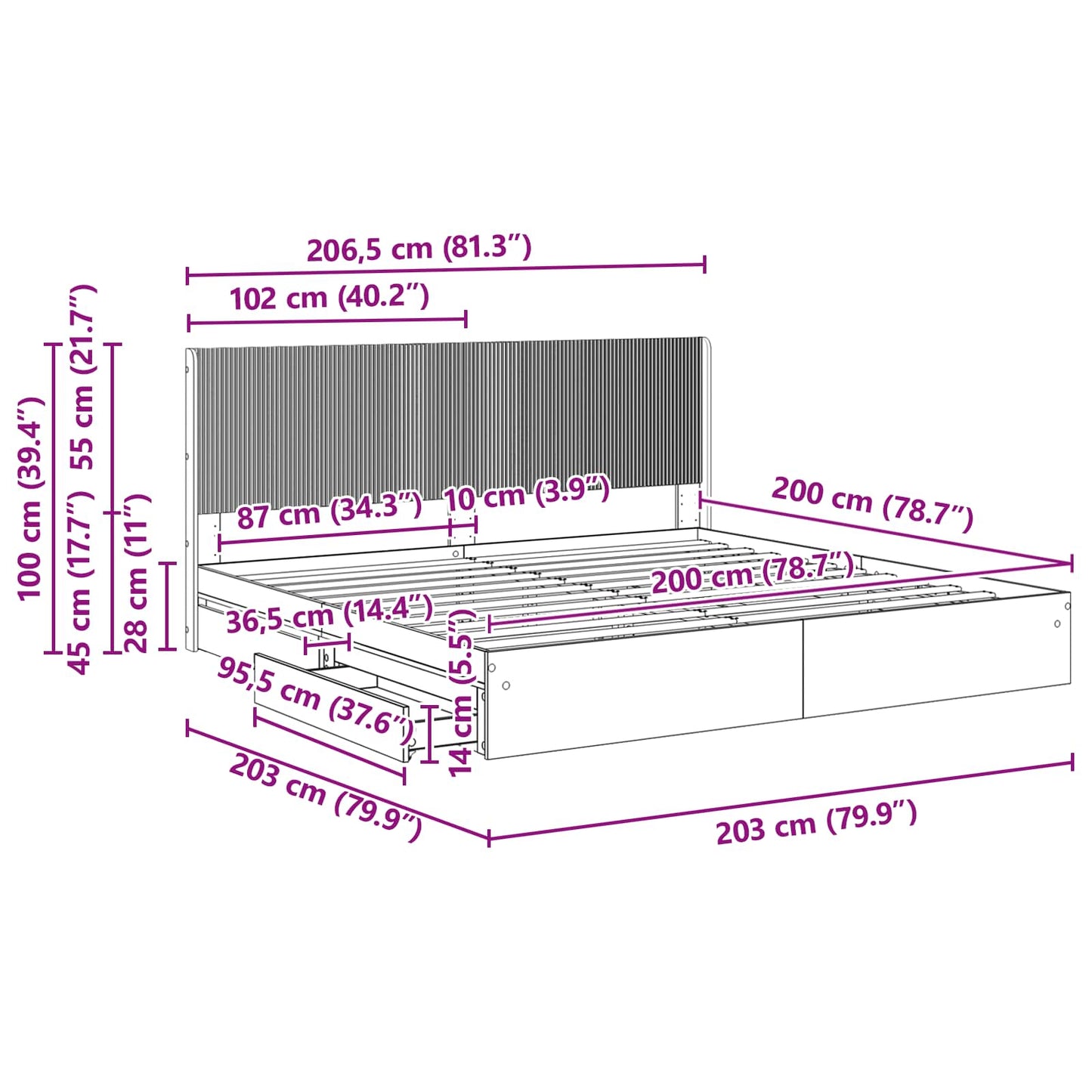 Bed Frame with Storage and Headboard Concrete Grey 200 x 200 cm