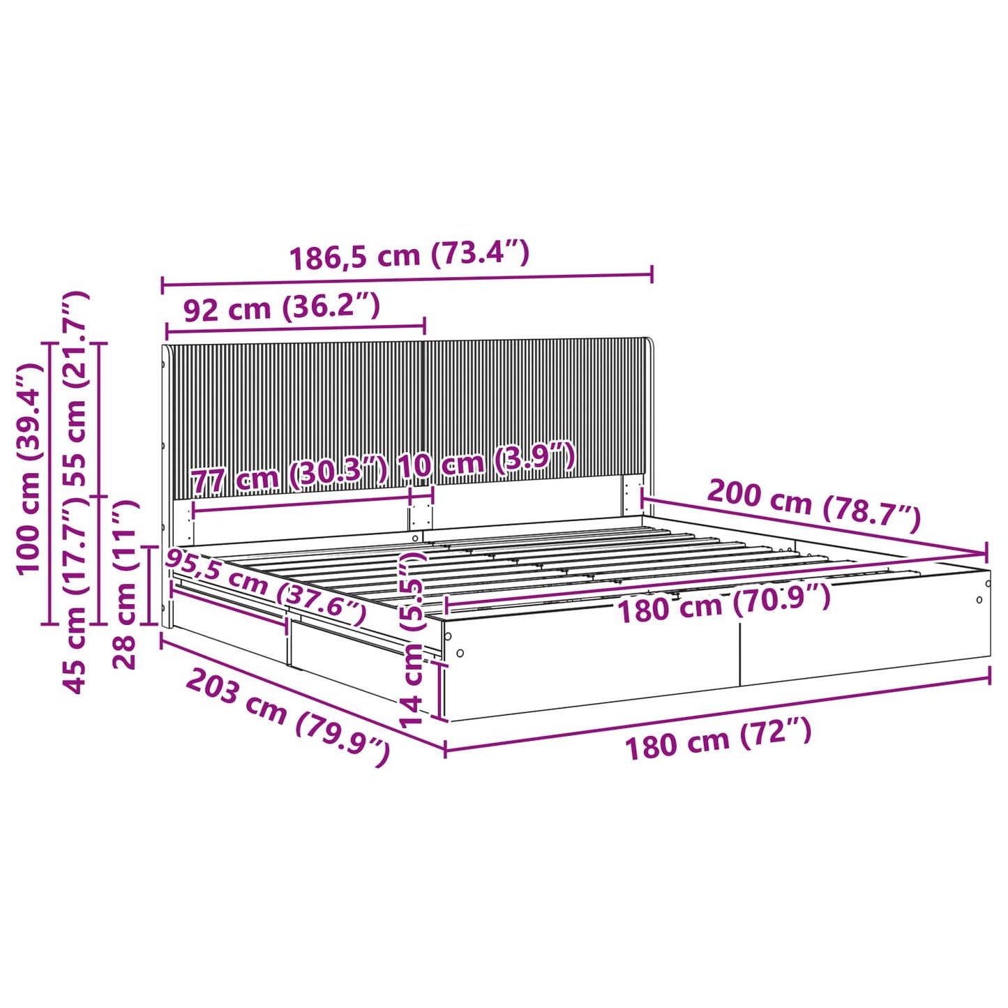 Bed Frame with Storage and Headboard Smoked Oak 180 x 200 cm