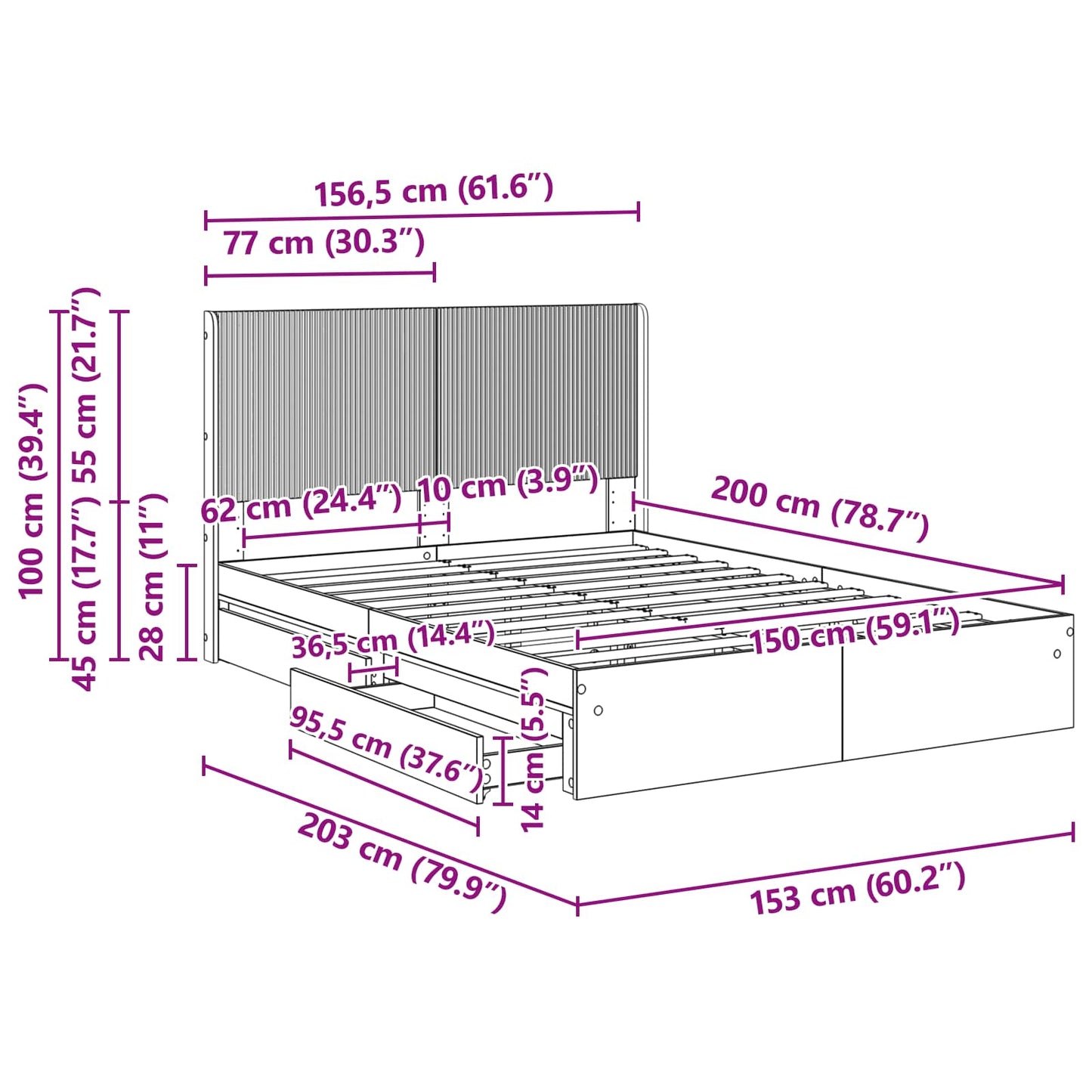 Bed Frame with Storage and Headboard Concrete Grey 150 x 200 cm