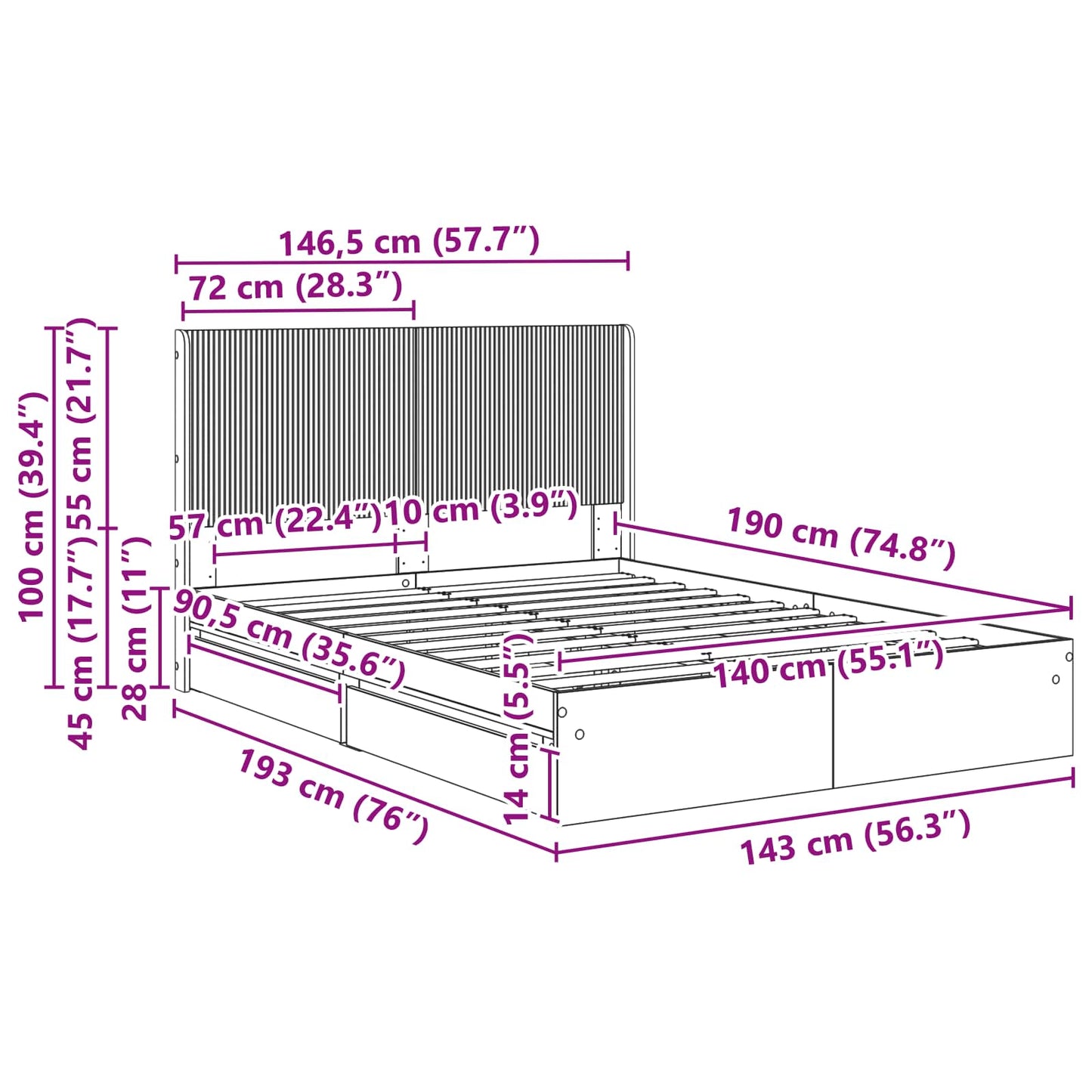 Bed Frame with Storage and Headboard 2 pcs Engineered Wood