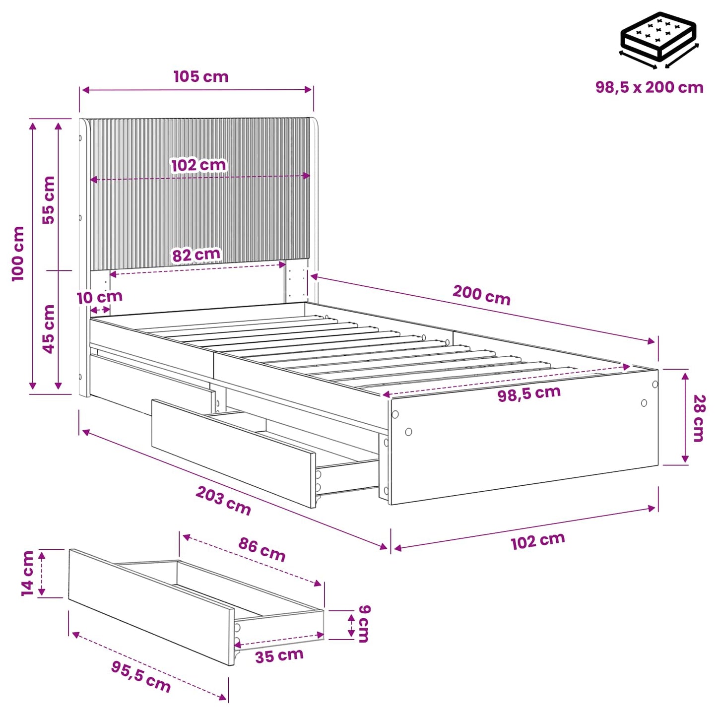 Bed Frame with Storage and Headboard Grey Sonoma 100 x 200 cm