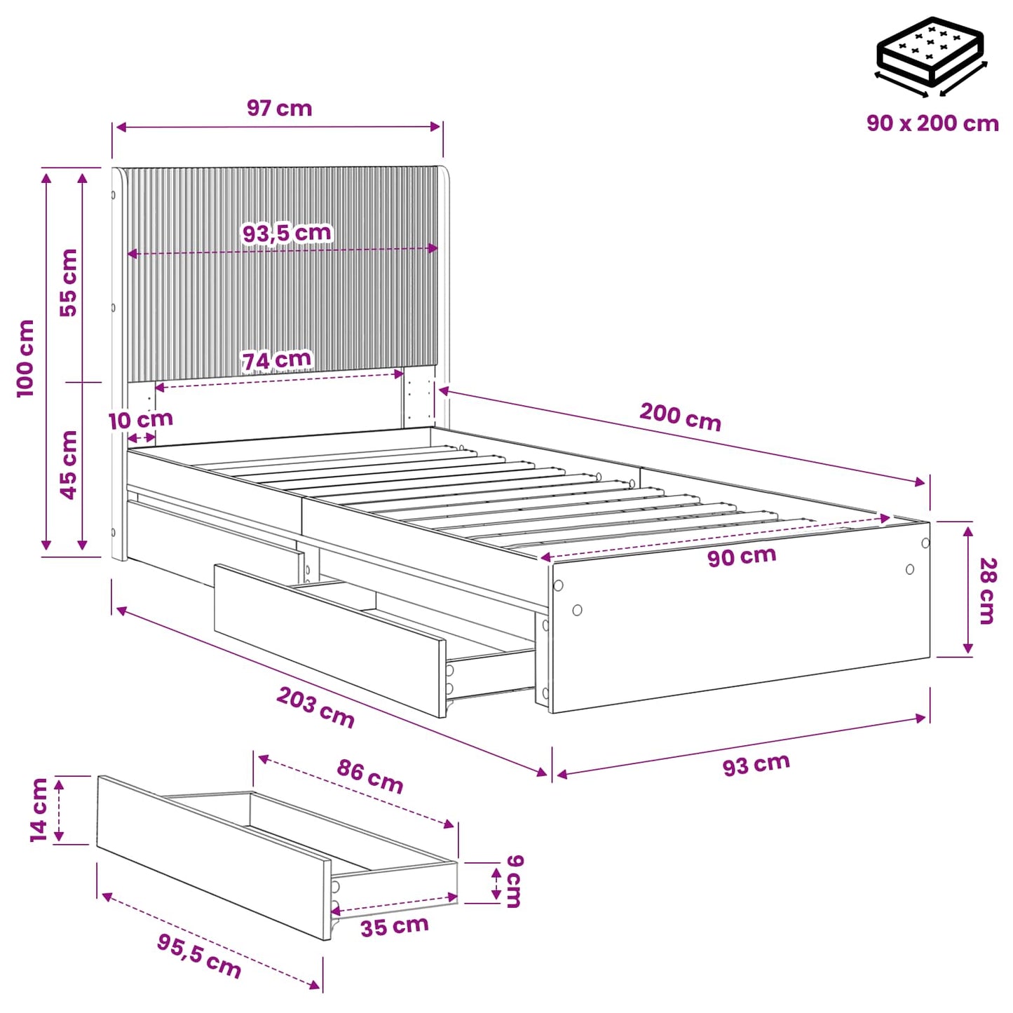 Bed Frame with Storage and Headboard Sonoma Oak 90 x 200 cm