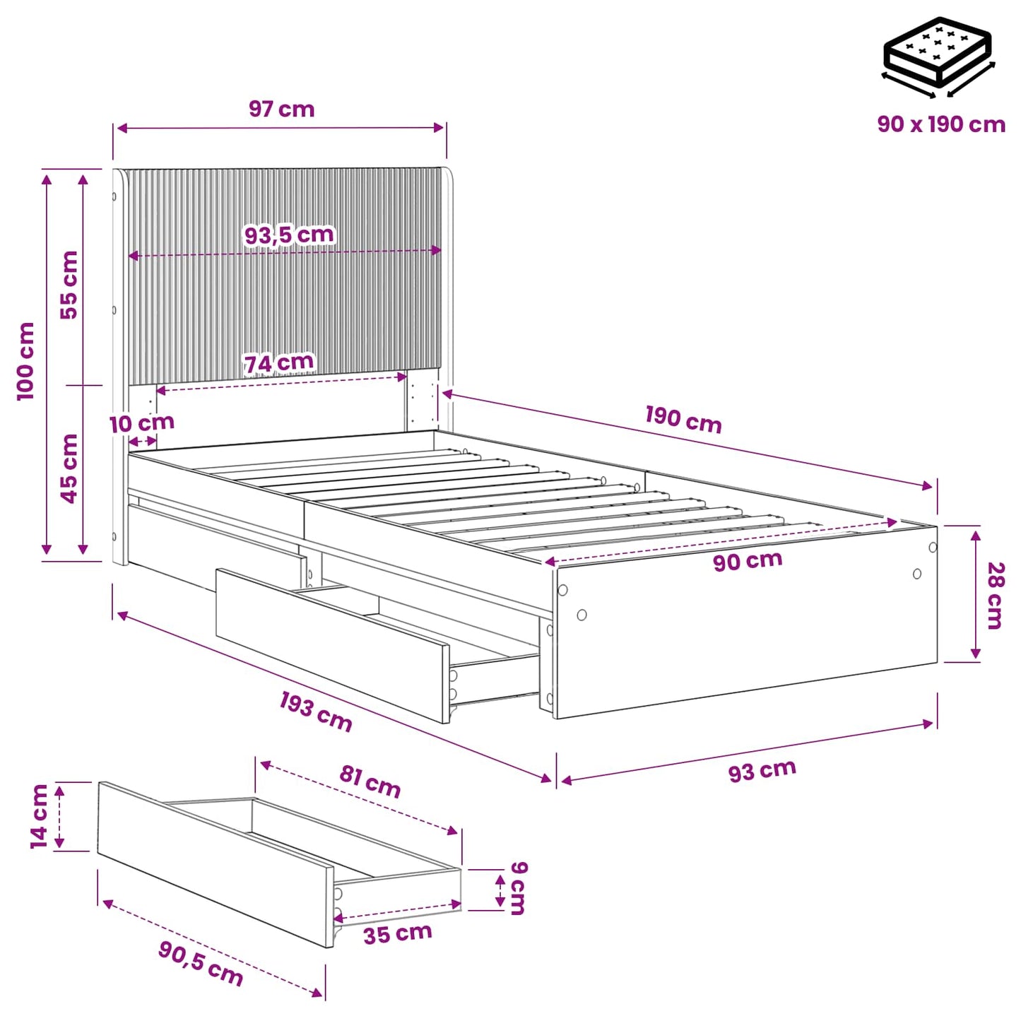 Bed Frame with Storage and Headboard Concrete Grey 90 x 190 cm