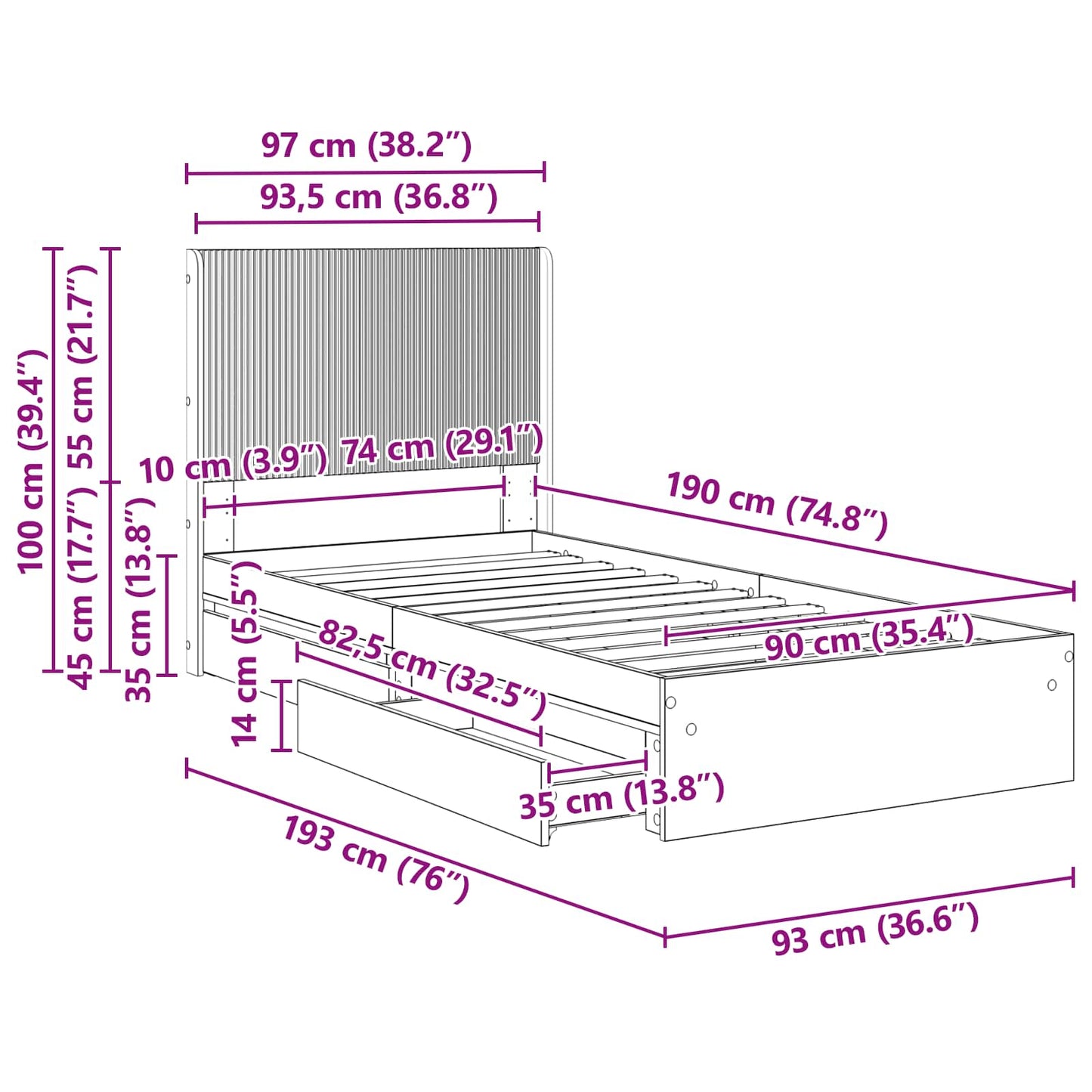 Bed Frame with Storage and Headboard Smoked Oak 90 x 190 cm