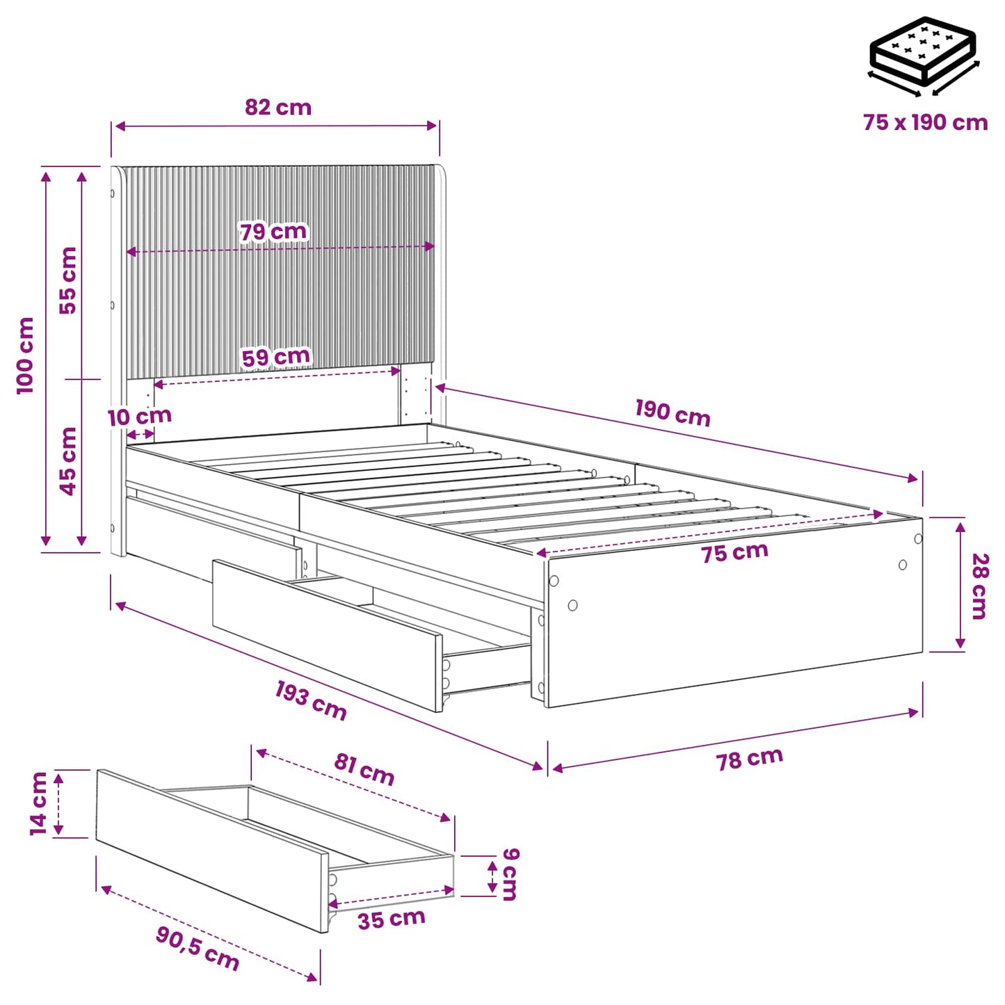 Bed Frame with Storage and Headboard Sonoma Oak 75 x 190 cm