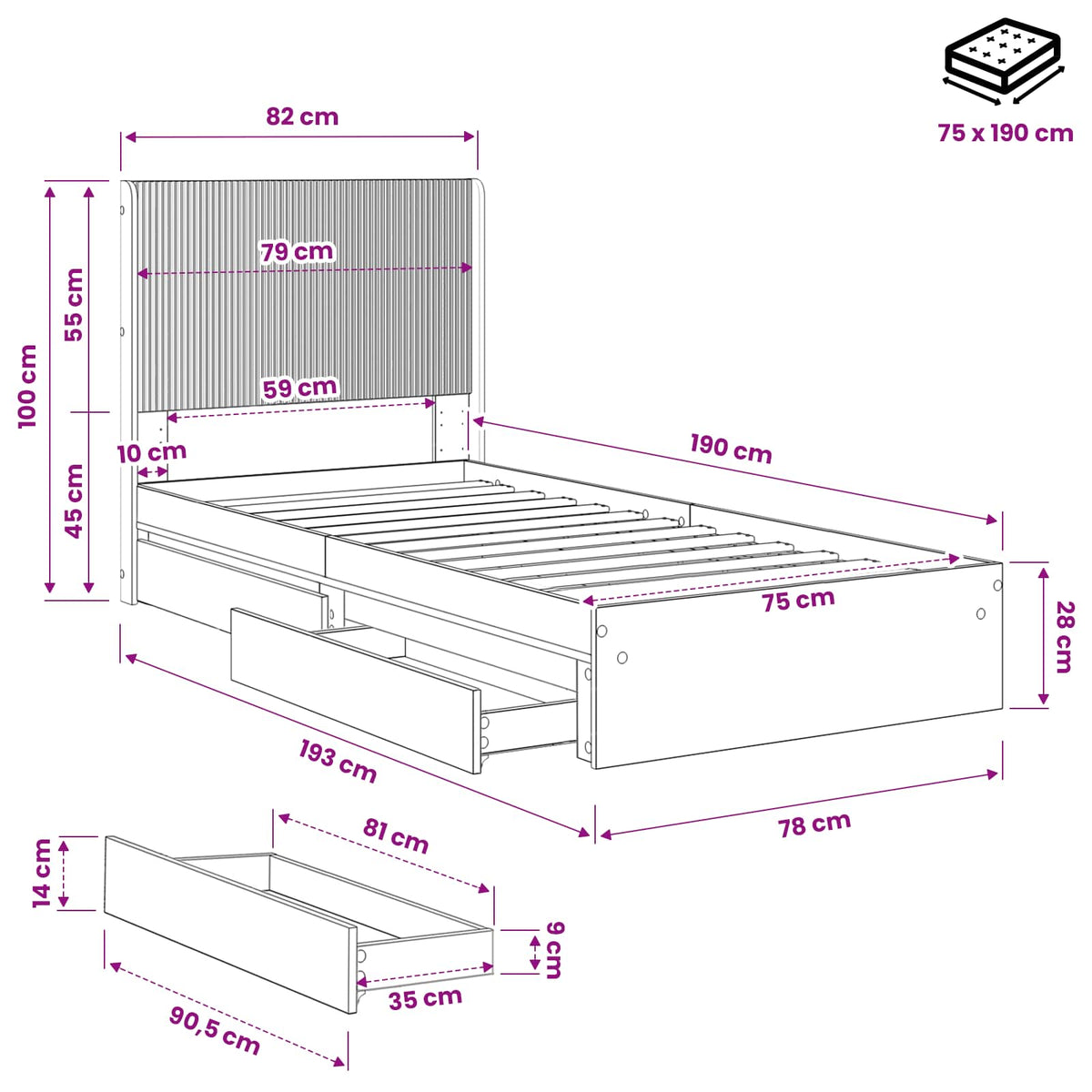Bed Frame with Storage and Headboard Grey Sonoma 75 x 190 cm