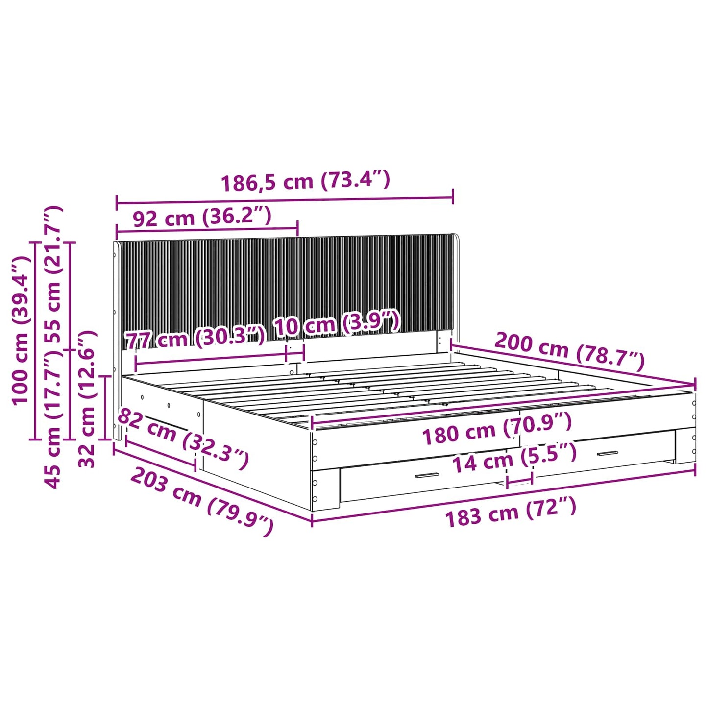 Bed Frame with Storage and Headboard Concrete Grey