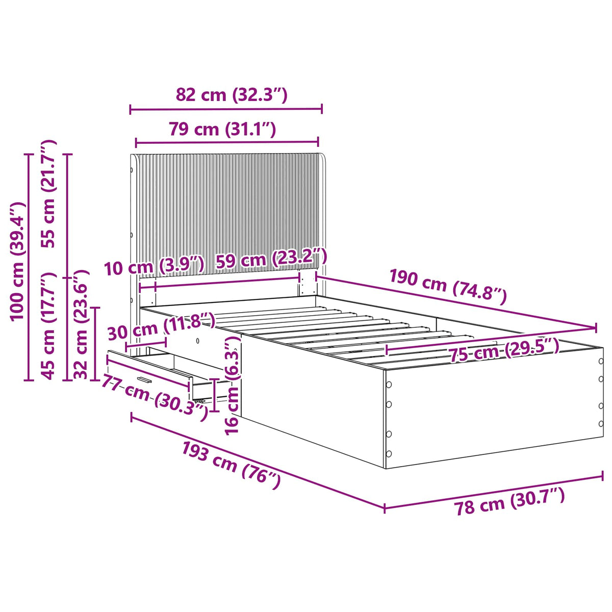 Bed Frame with Storage and Headboard Black 75 x 190 cm