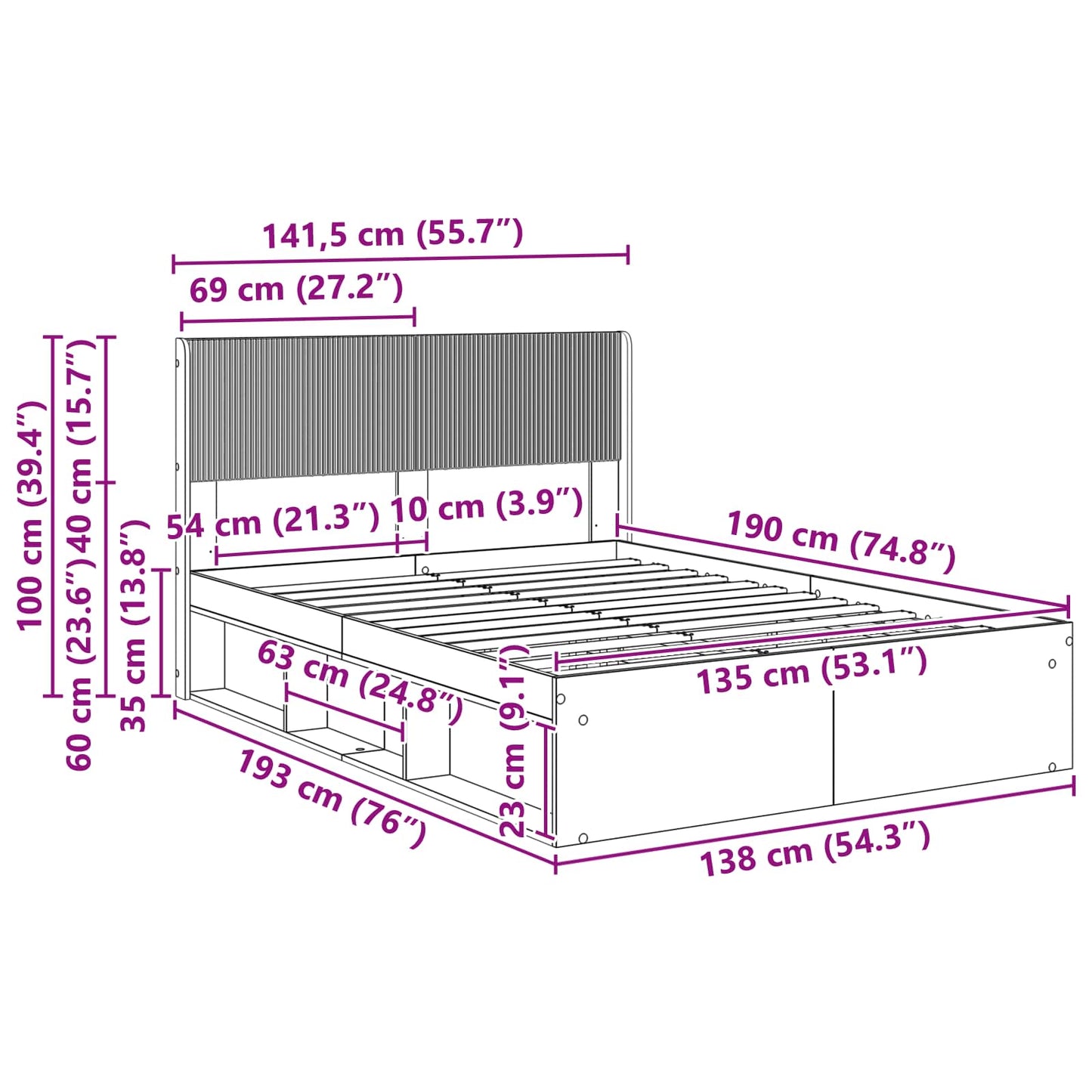 Bed Frame with Storage and Headboard Concrete Grey 135 x 190 cm