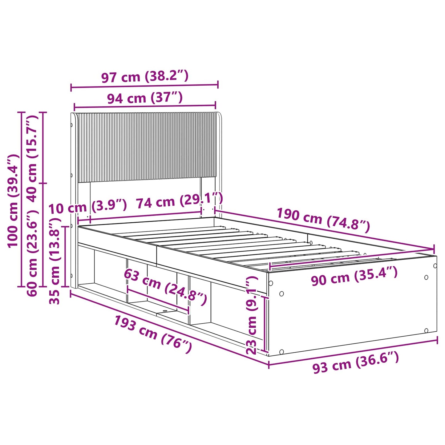 Bed Frame with Storage and Headboard Sonoma Oak 90 x 190 cm