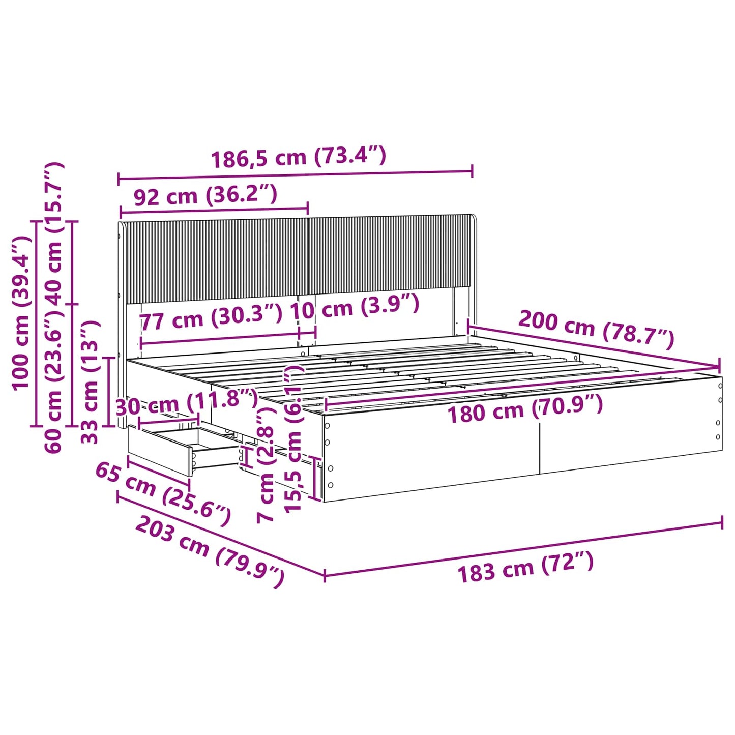 Bed Frame with Storage and Headboard Concrete Grey 180 x 200 cm
