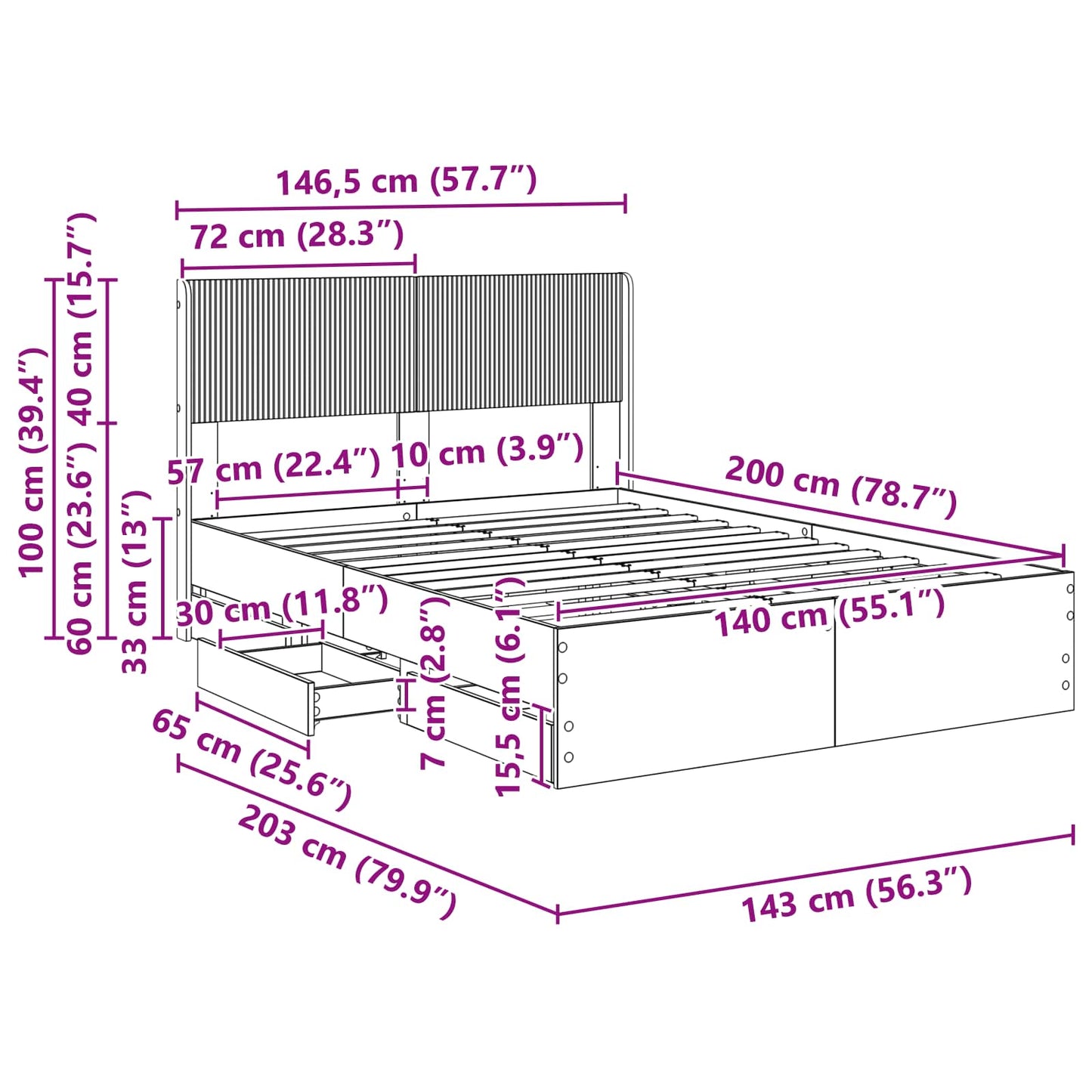 Bed Frame with Storage and Headboard Black 140 x 200 cm