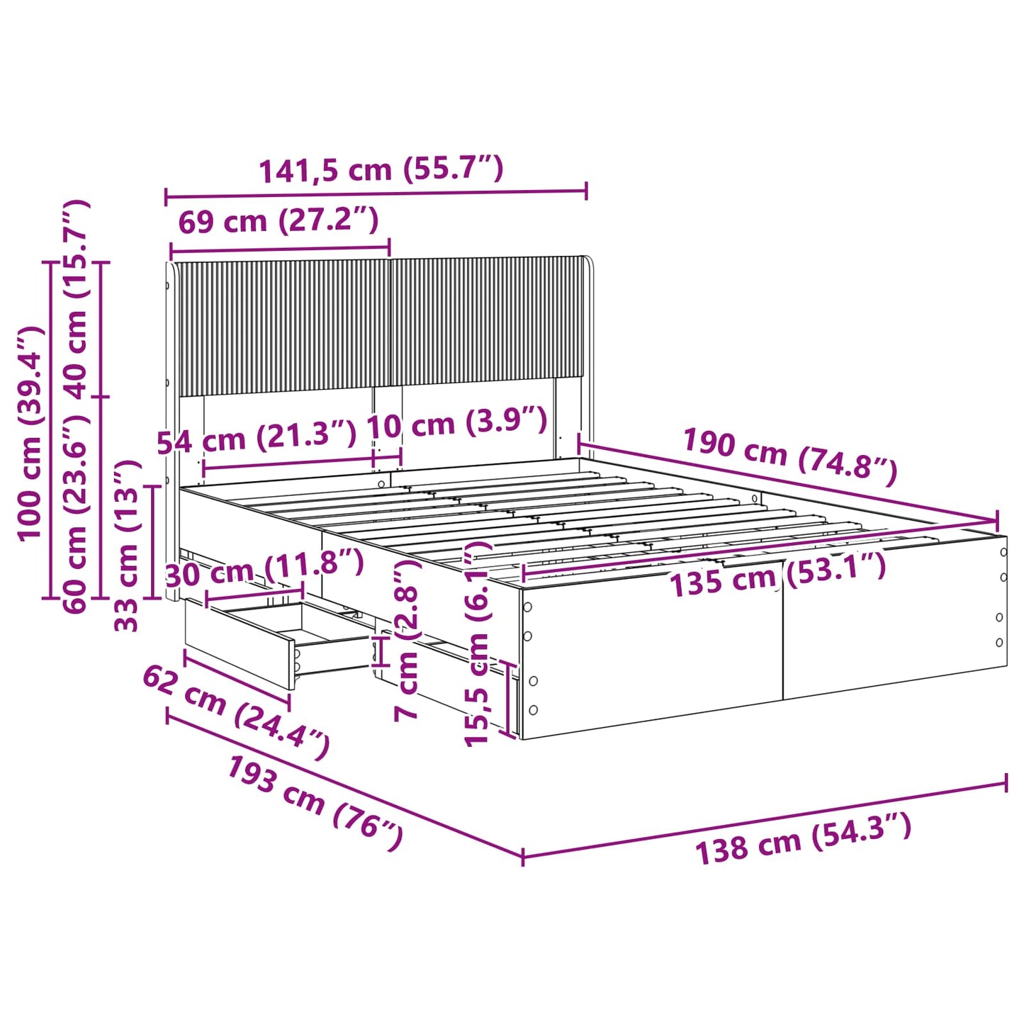 Bed Frame with Storage and Headboard Concrete Grey 135 x 190 cm