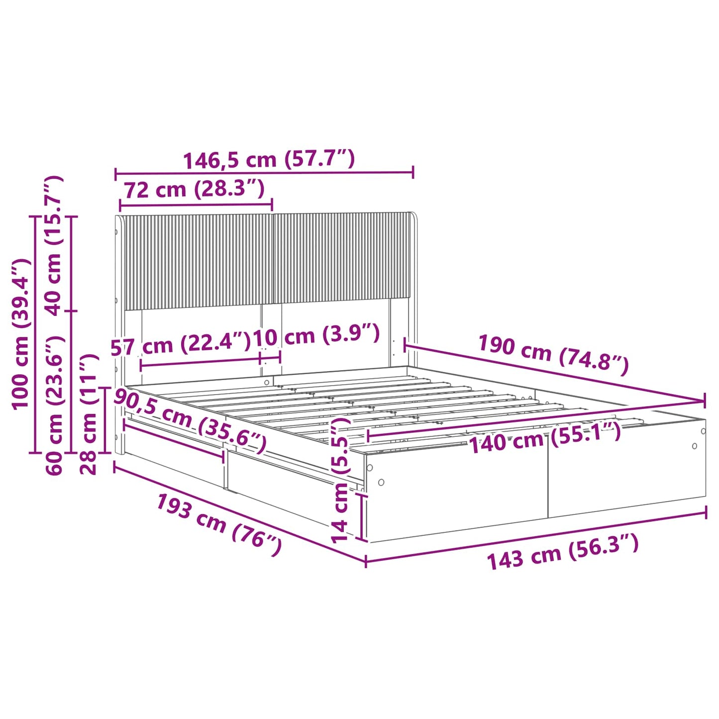 Bed Frame with Storage and Headboard Sonoma Oak 140 x 200 cm
