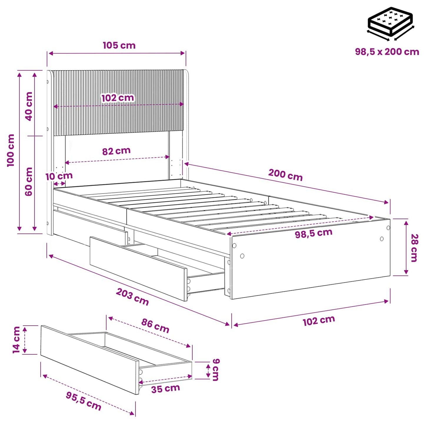 Bed Frame with Storage and Headboard Sonoma Oak 100 x 200 cm