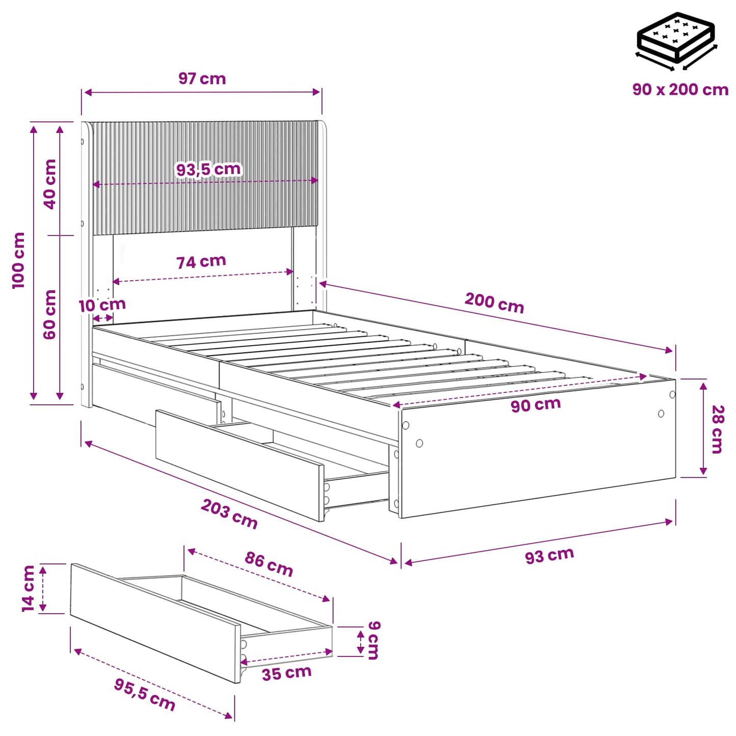 Bed Frame with Storage and Headboard Sonoma Oak 90 x 200 cm