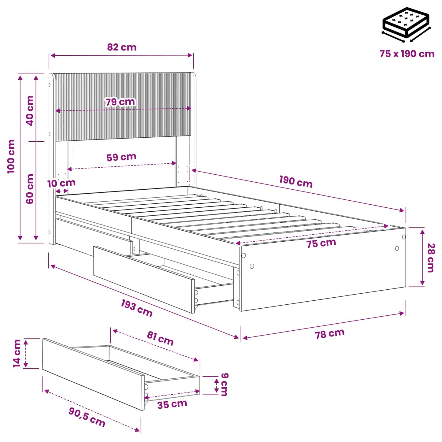Bed Frame with Storage and Headboard Black 75 x 190 cm