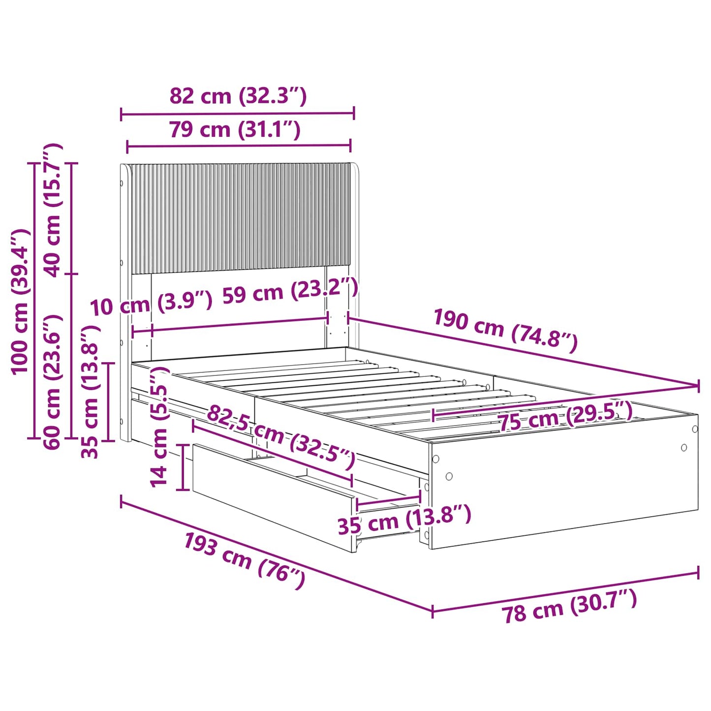 Bed Frame with Storage and Headboard Concrete Grey 75 x 190 cm