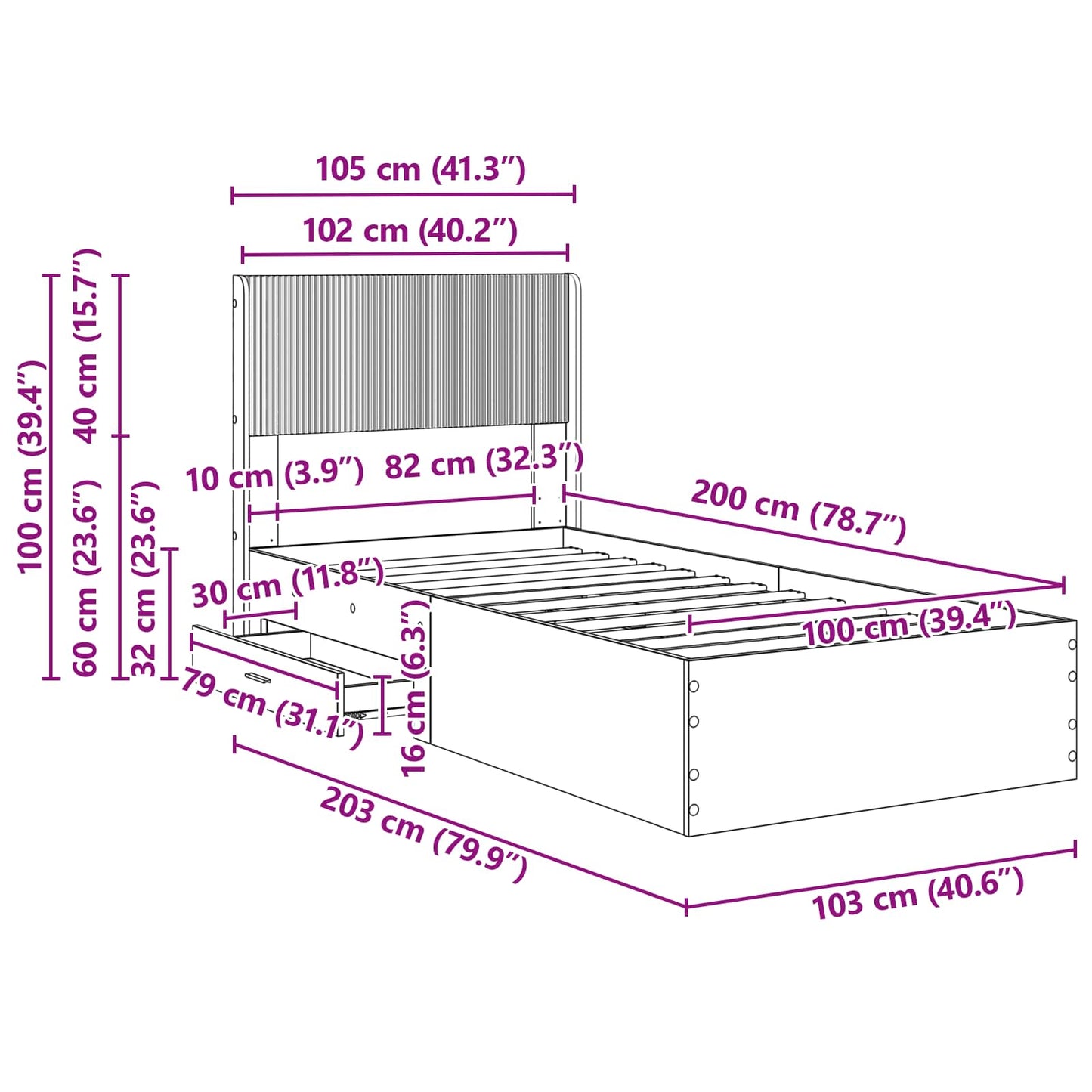 Bed Frame with Storage and Headboard Sonoma Oak 100 x 200 cm