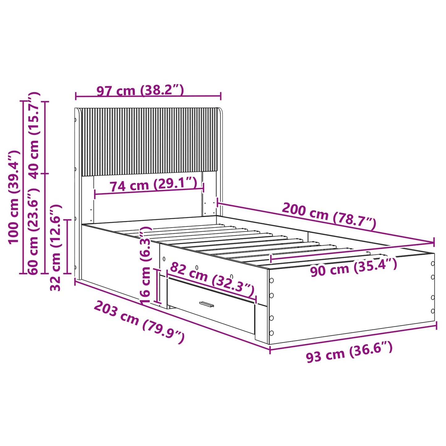 Bed Frame with Storage and Headboard Concrete Grey 90 x 200 cm