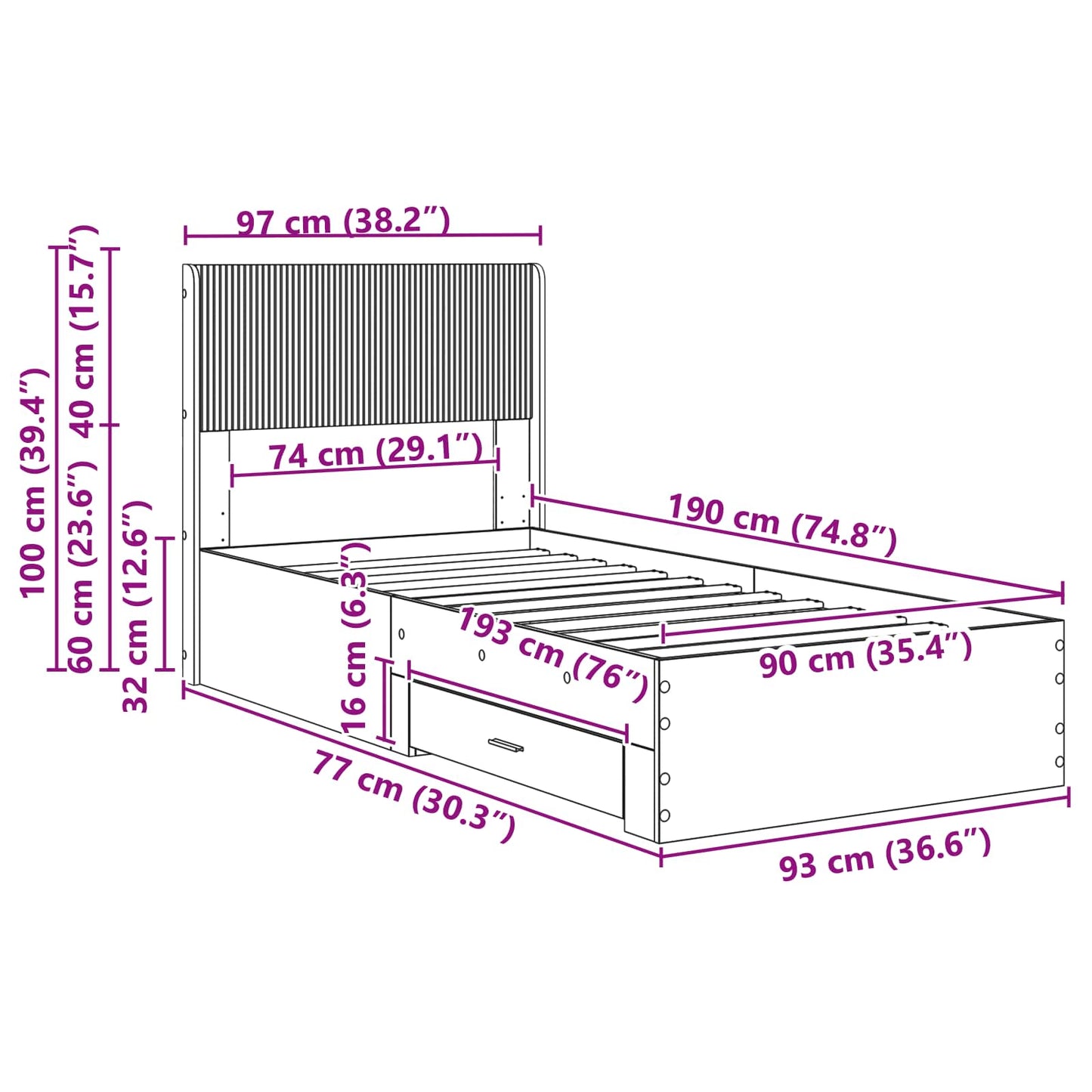 Bed Frame with Storage and Headboard Sonoma Oak 90 x 190 cm