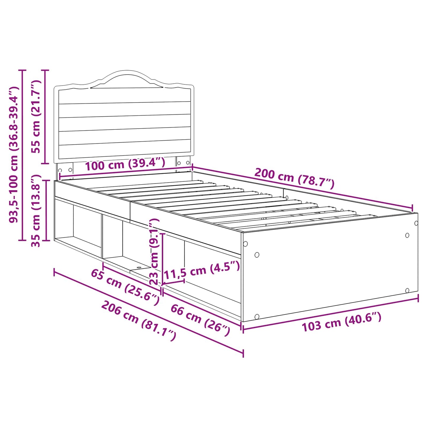 Bed Frame Concerte Grey 100 x 200 cm Solid Pine Wood